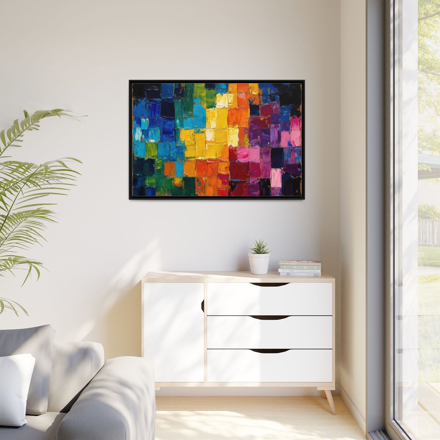 Abstract Rainbow Mosaic Framed Canvas Print — Colorful Modern Wall Art