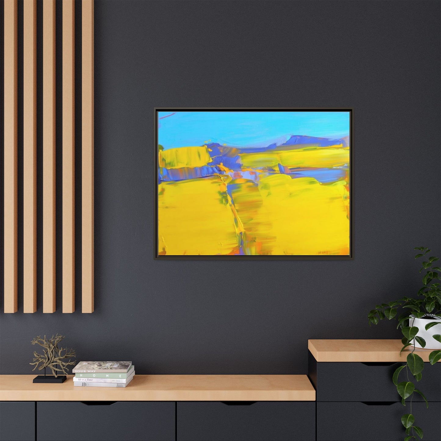Framed Matte Canvas  Vibrant Yellow Blue Abstract Landscape Art