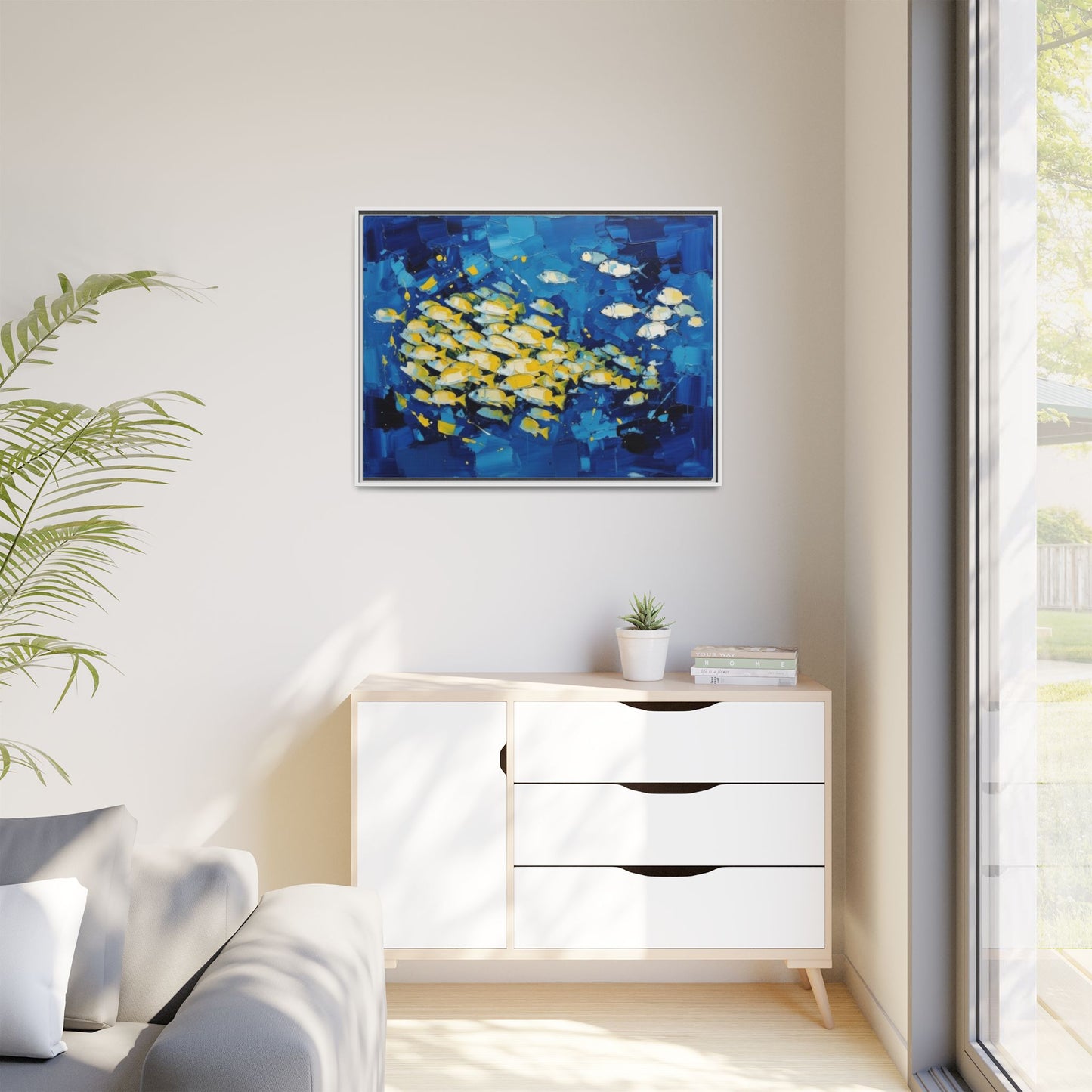 Framed Matte Canvas: Blue School of Fish Wall Art