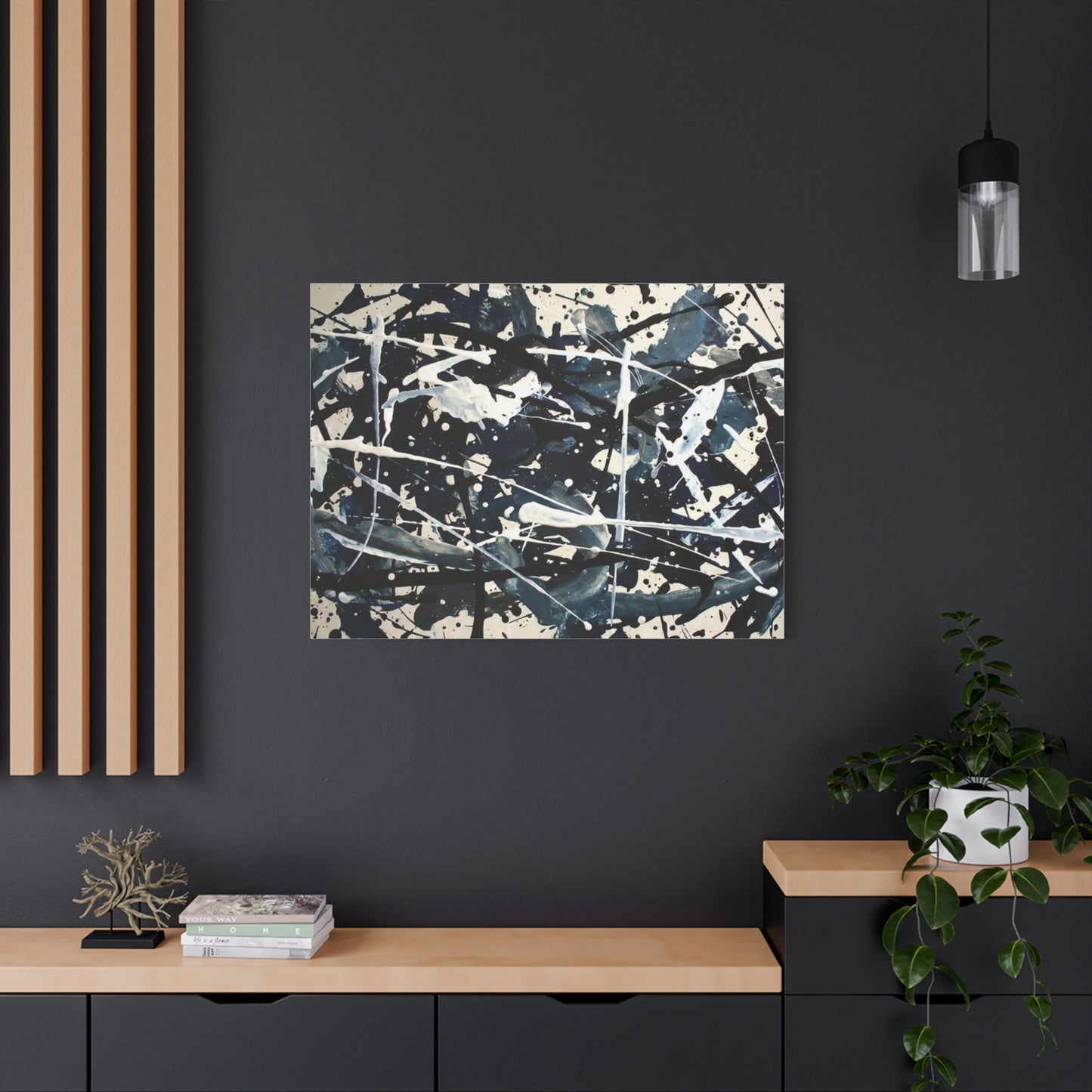 Abstract Drip Painting Canvas Print — Blue & Black Modern Wall Art (Matte Stretched)