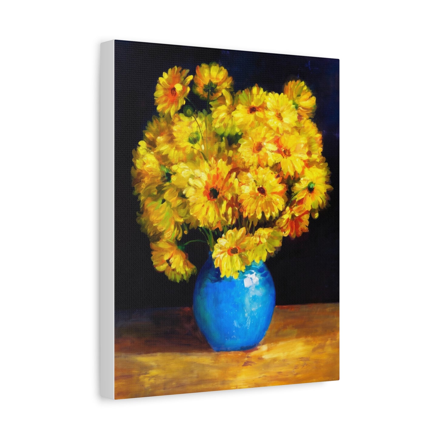 Yellow Chrysanthemum Canvas Wall Art — Blue Vase Floral Painting (Stretched Matte)