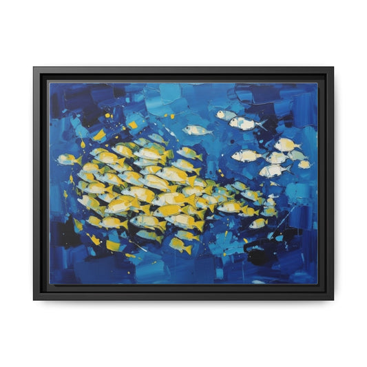 Framed Matte Canvas: Blue School of Fish Wall Art