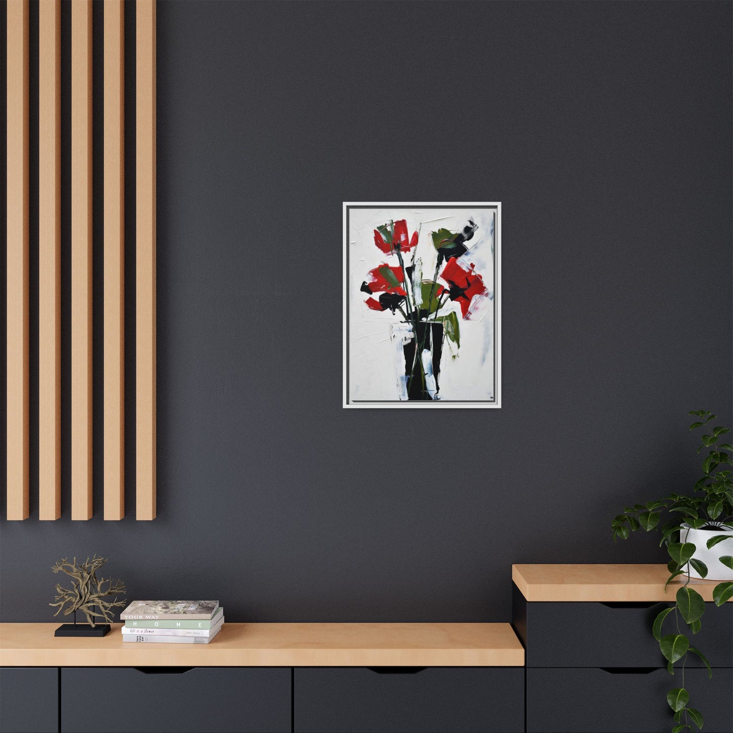 Framed Abstract Floral Canvas Print — Red Poppies in Black Vase