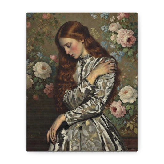 Vintage Portrait Canvas Art — Romantic Floral Young Woman Matte Wall Decor