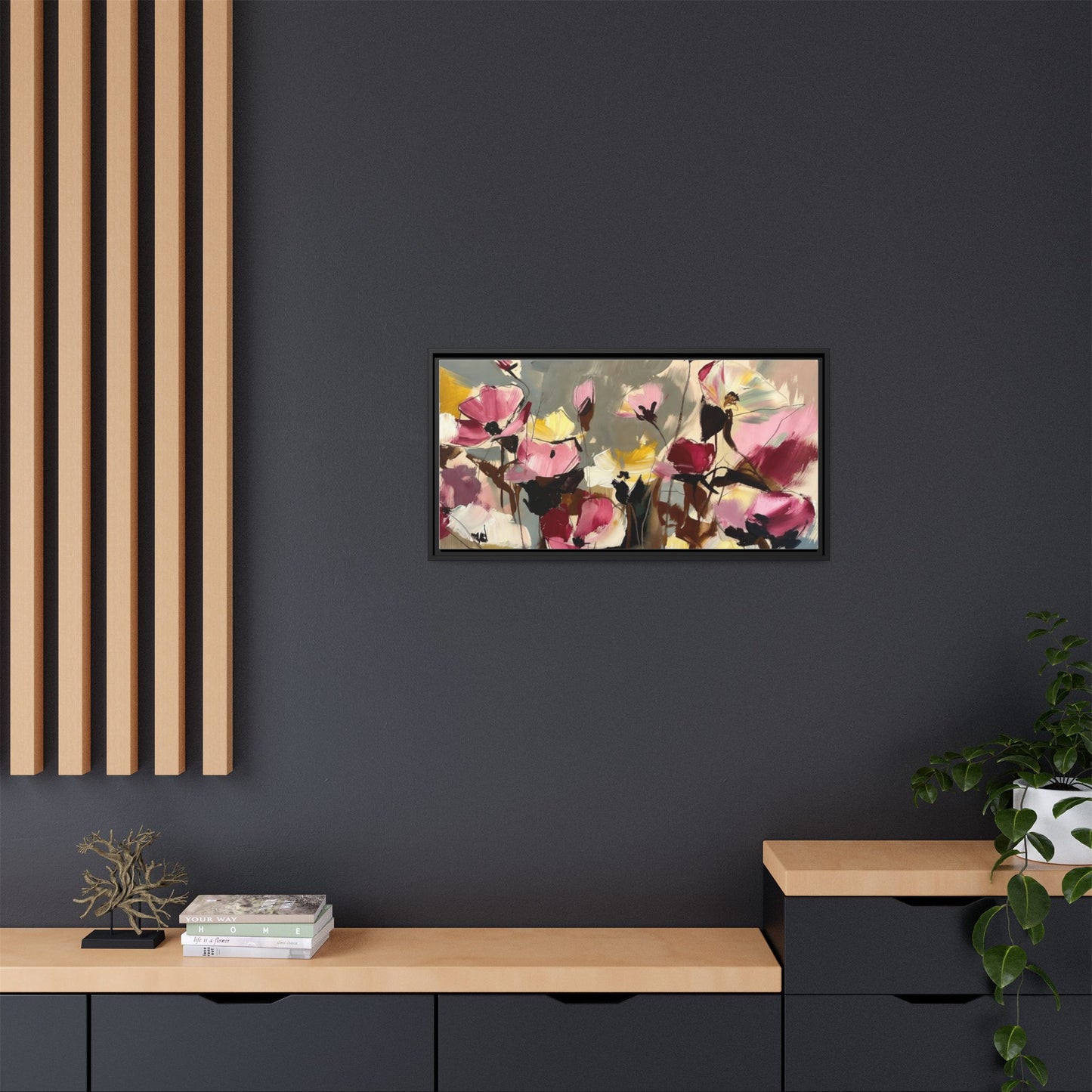 Framed Floral Canvas Wall Art — Abstract Pink & Yellow Flowers