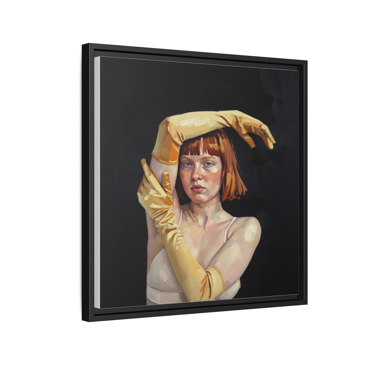 Framed Matte Canvas Art – Portrait of Woman in Yellow Gloves