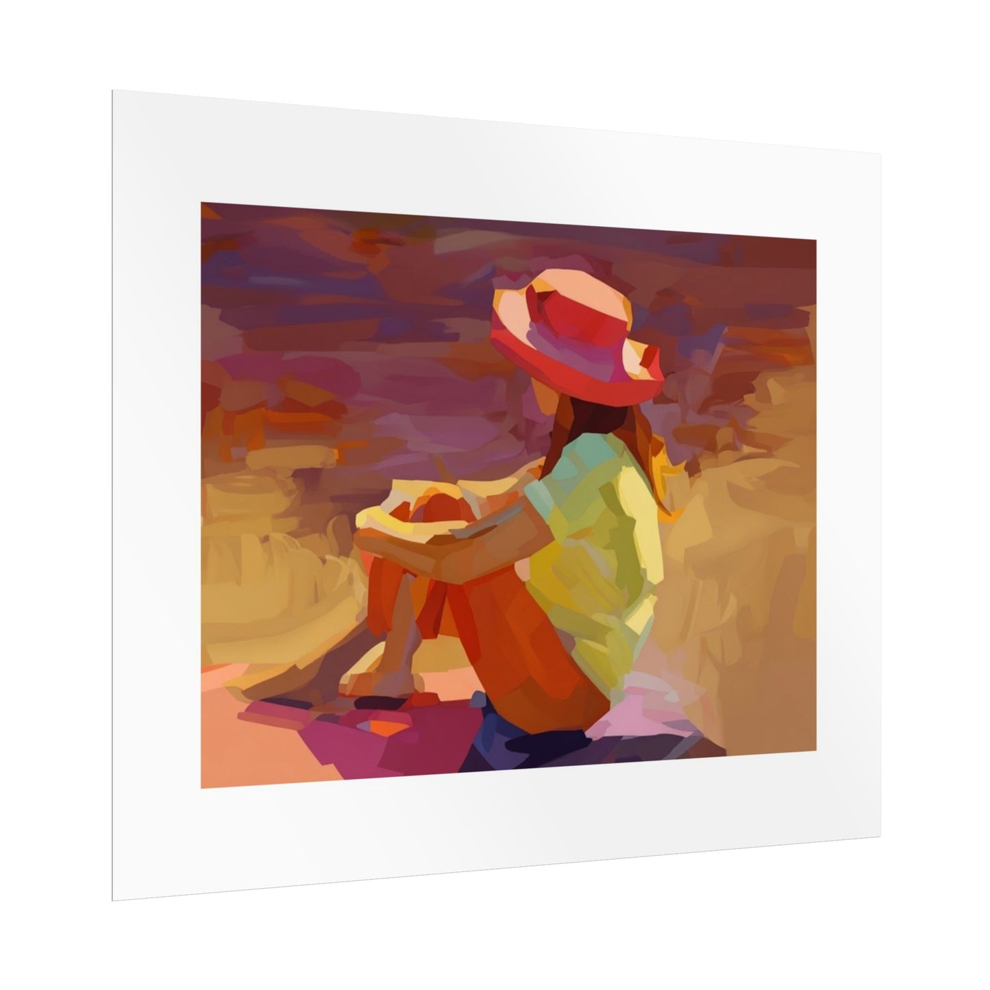 Sunset Daydream Rolled Poster — Colorful Girl in Hat Beach Art Print