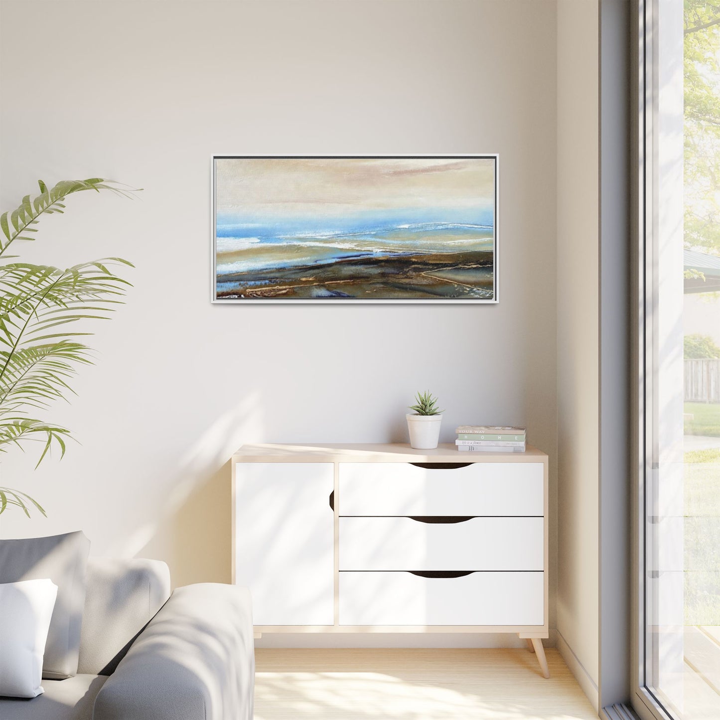 Framed Abstract Seascape Matte Canvas — Coastal Blue & Earth Tone Wall Art