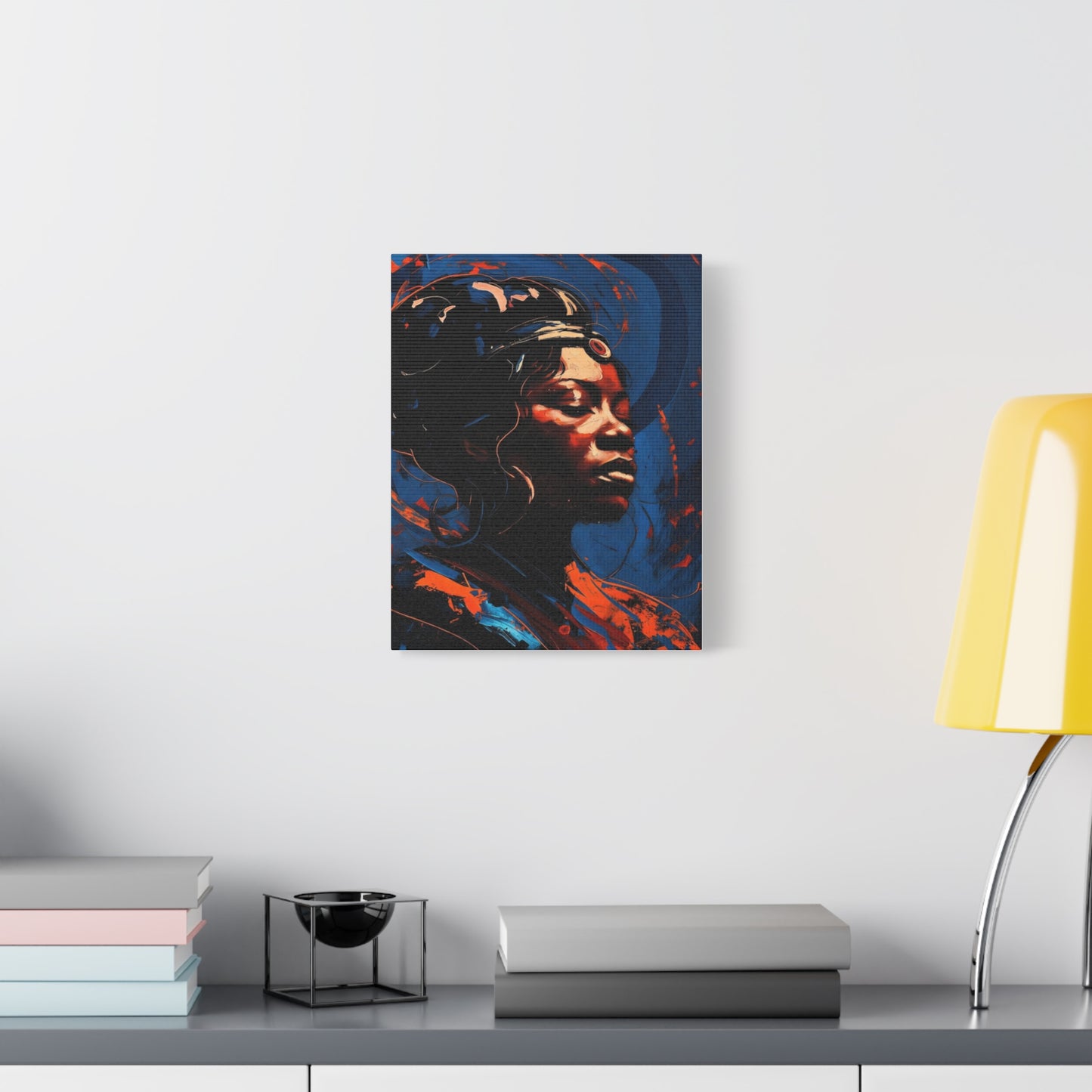 Regal Afrocentric Portrait Matte Canvas Art – Vibrant Blue & Orange Stretched Wall Decor