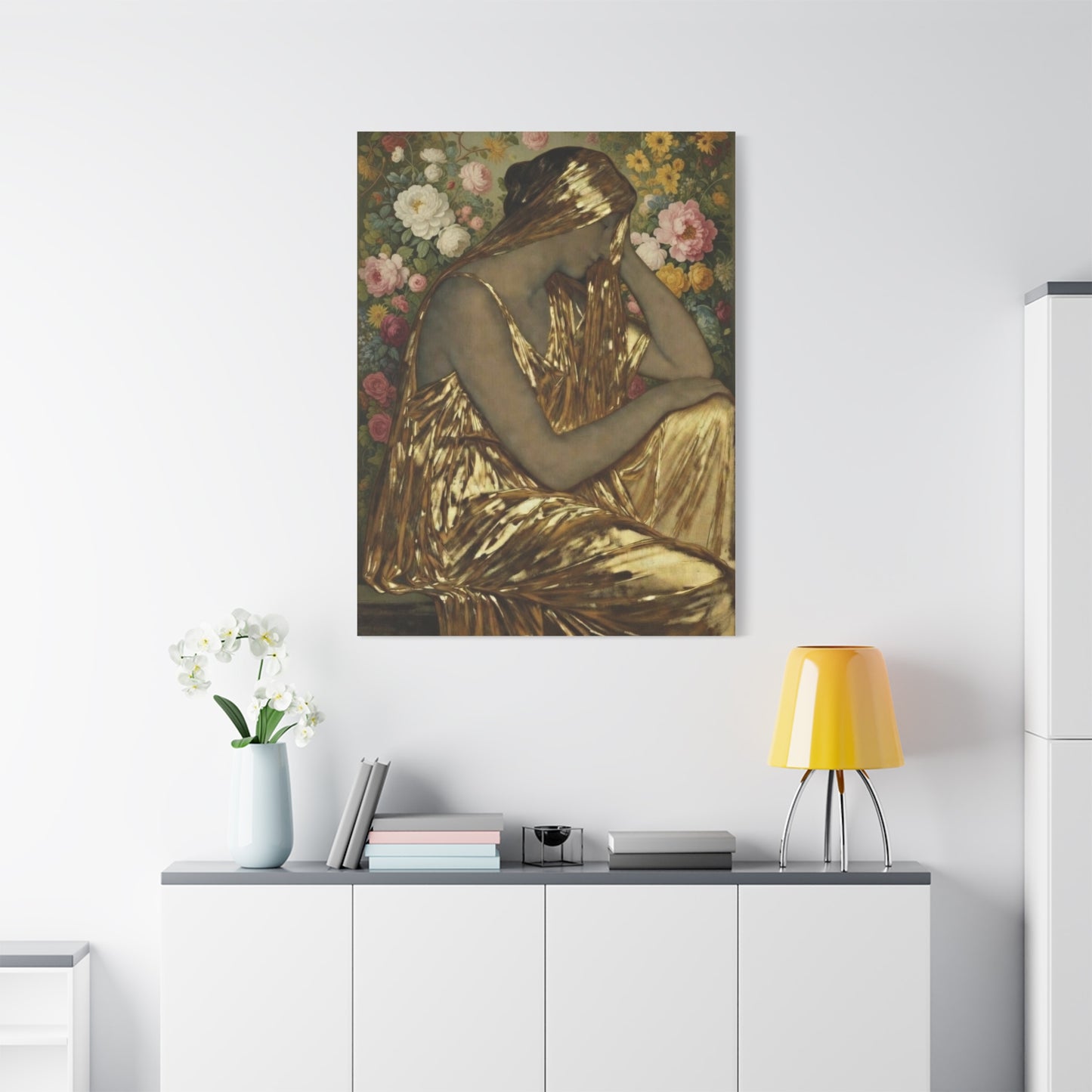 Golden Muse Canvas Print — Woman in Gold Floral Art (Stretched Matte)