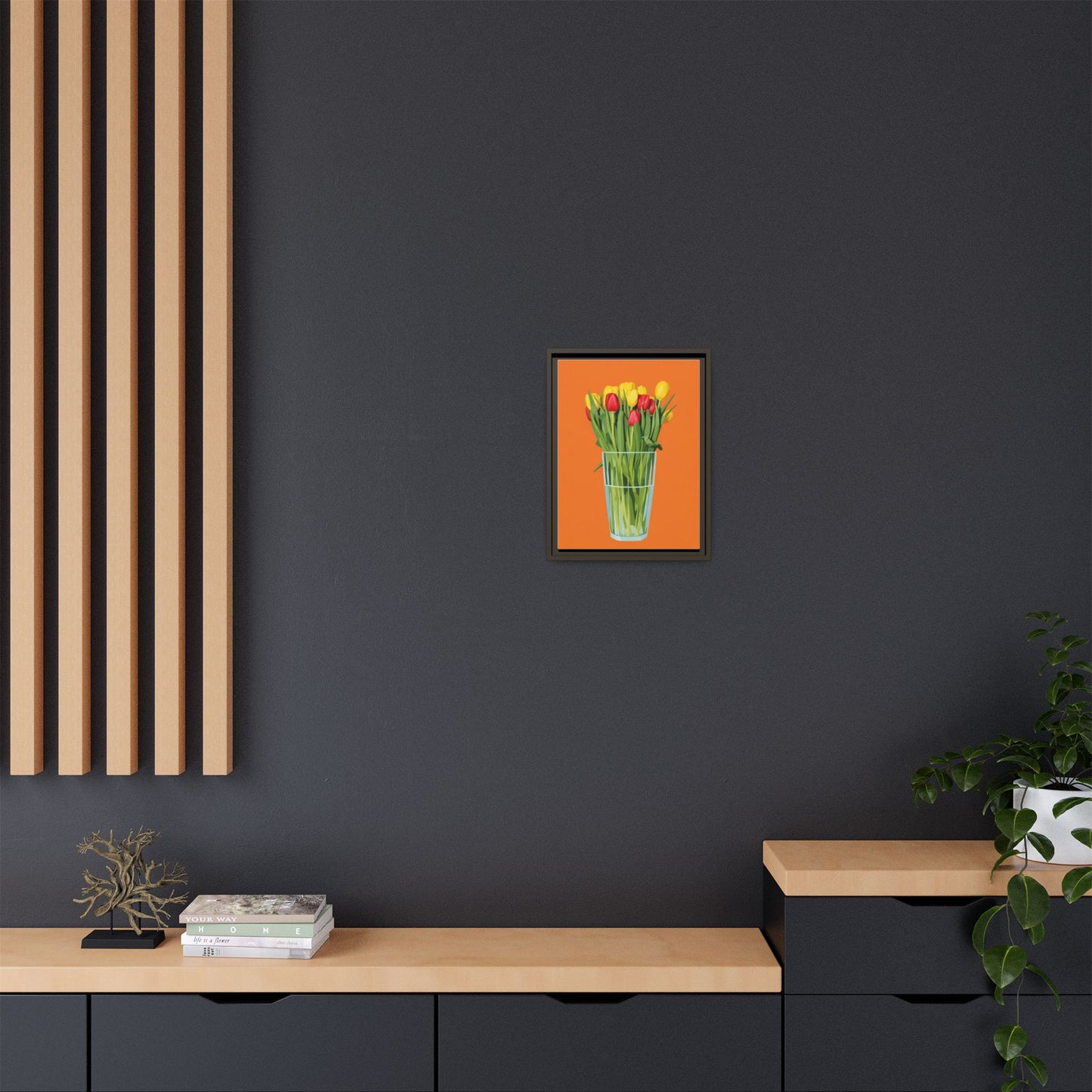 Framed Tulip Canvas Print — Colorful Tulips in Glass Vase