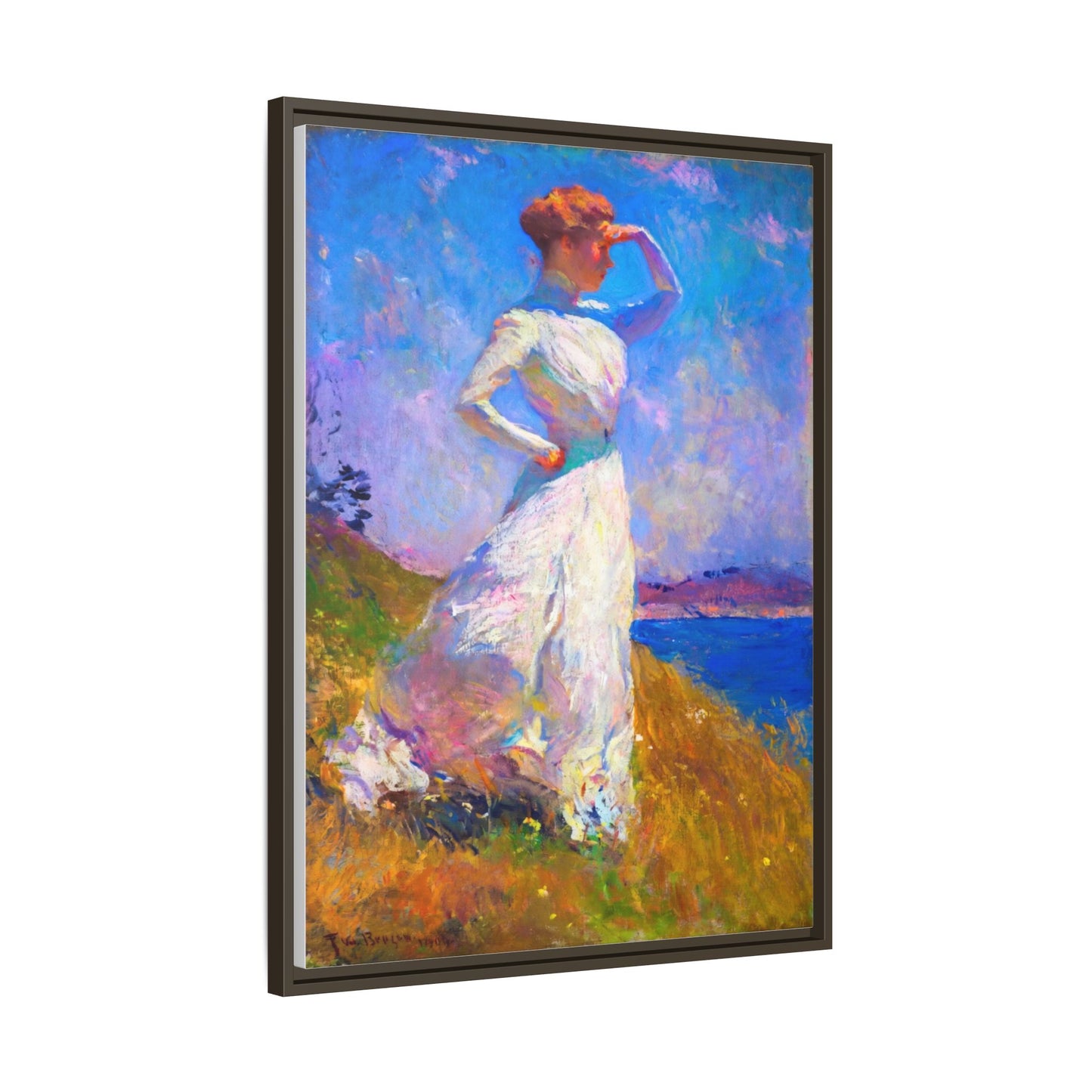 Framed Matte Canvas Art - Woman in White Seaside Impressionist Print