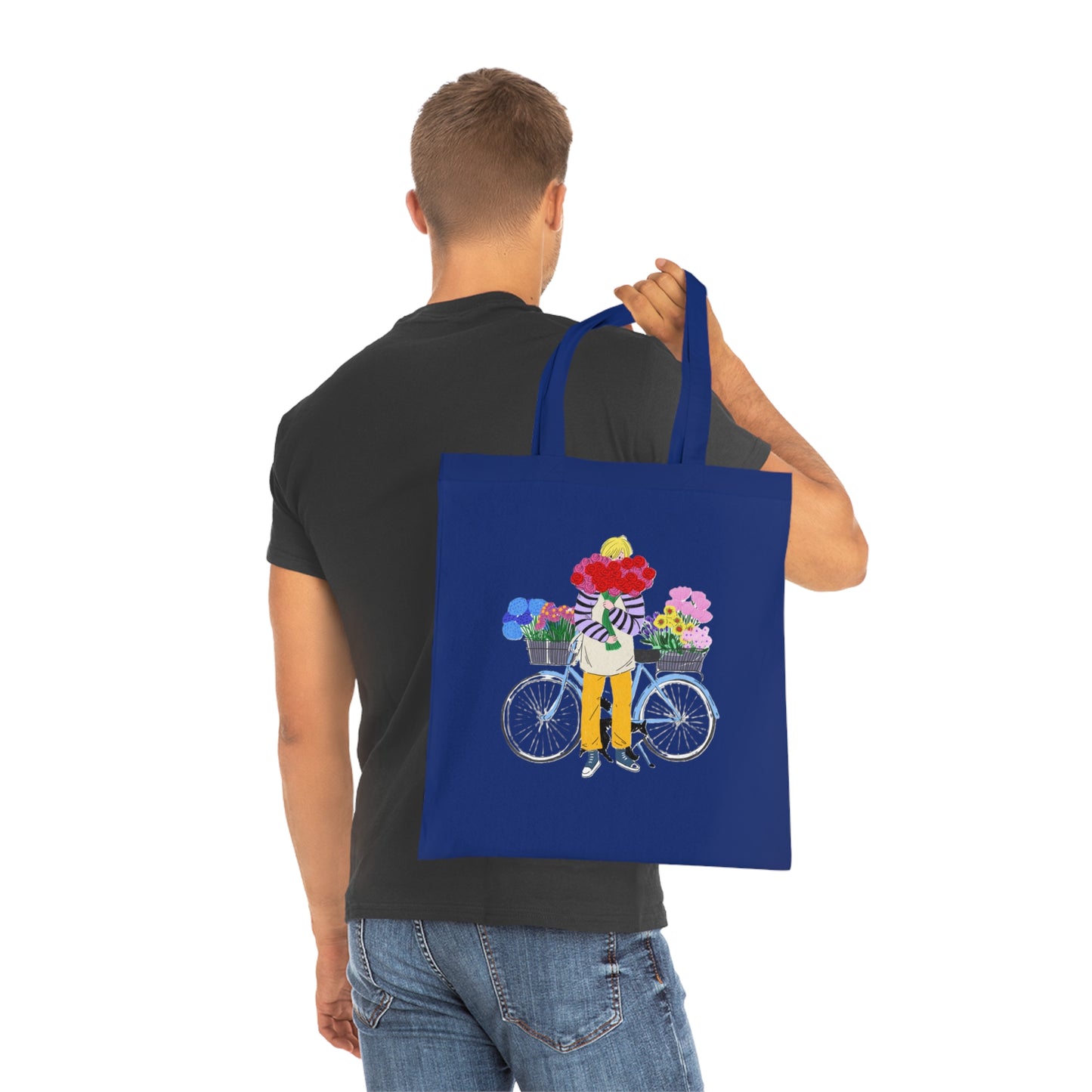 Floral Bike Tote Bag — Cotton Market Tote with Colorful Flower Bicycle Design