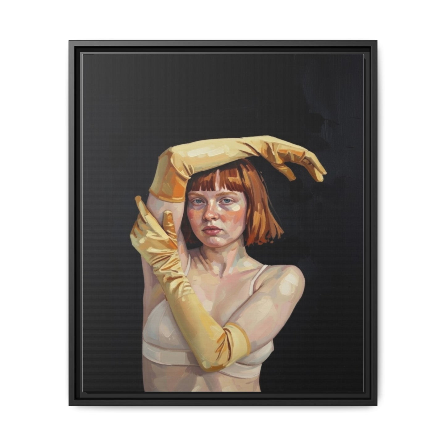 Framed Matte Canvas Art – Portrait of Woman in Yellow Gloves
