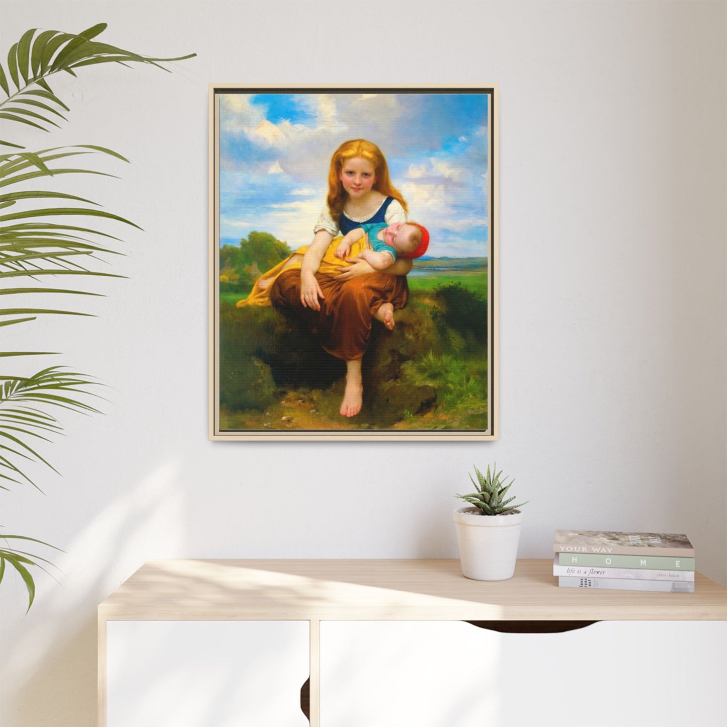 Young Girl Holding Sleeping Baby Canvas Print, Framed Wall Art