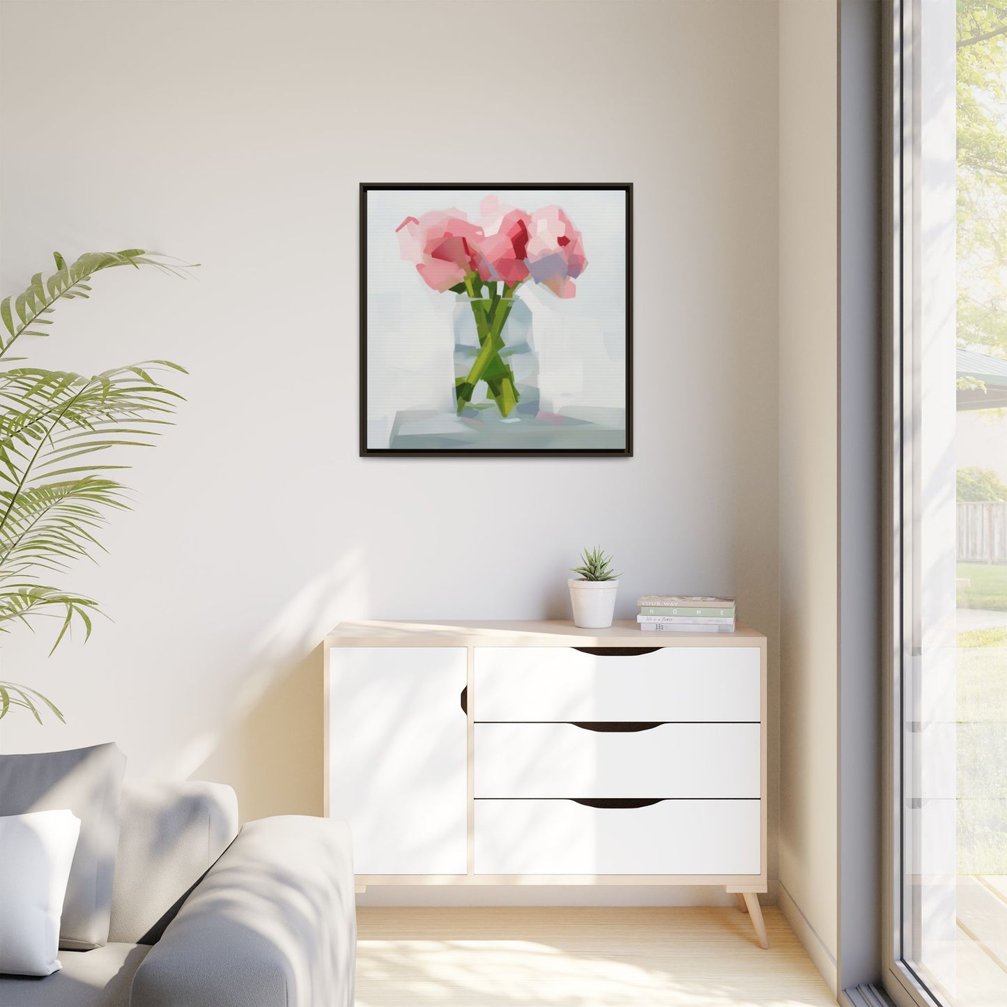 Framed Floral Canvas Art — Pink Peonies in Vase (Matte)