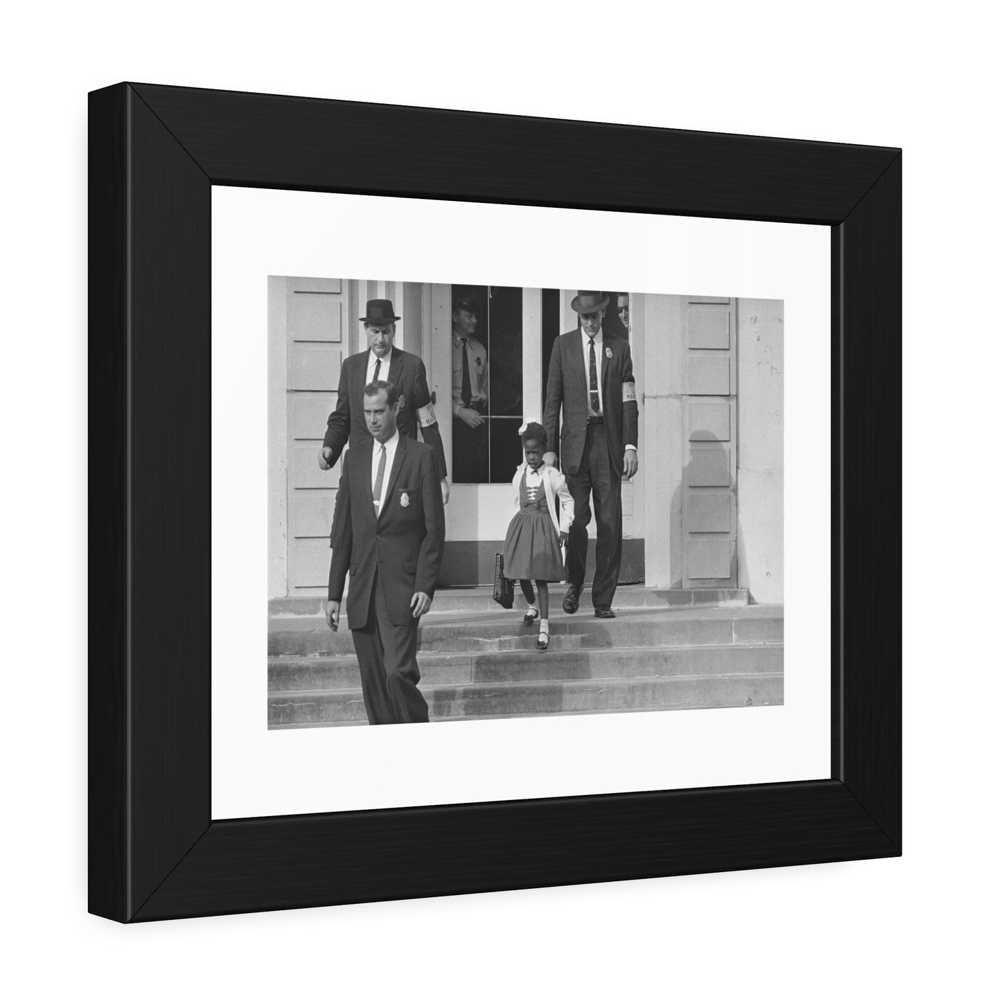 US Marshals with Young Ruby Bridges on School Steps by Unknown  Black & White Civil Rights Photograph Framed Wall Art Print