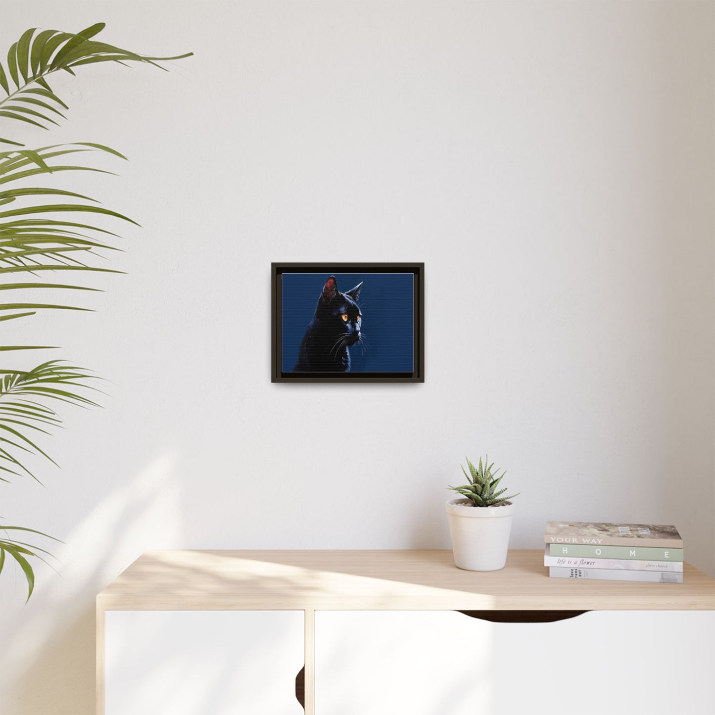 Black Cat Portrait Matte Canvas Framed Wall Art — Dramatic Feline Photo Print
