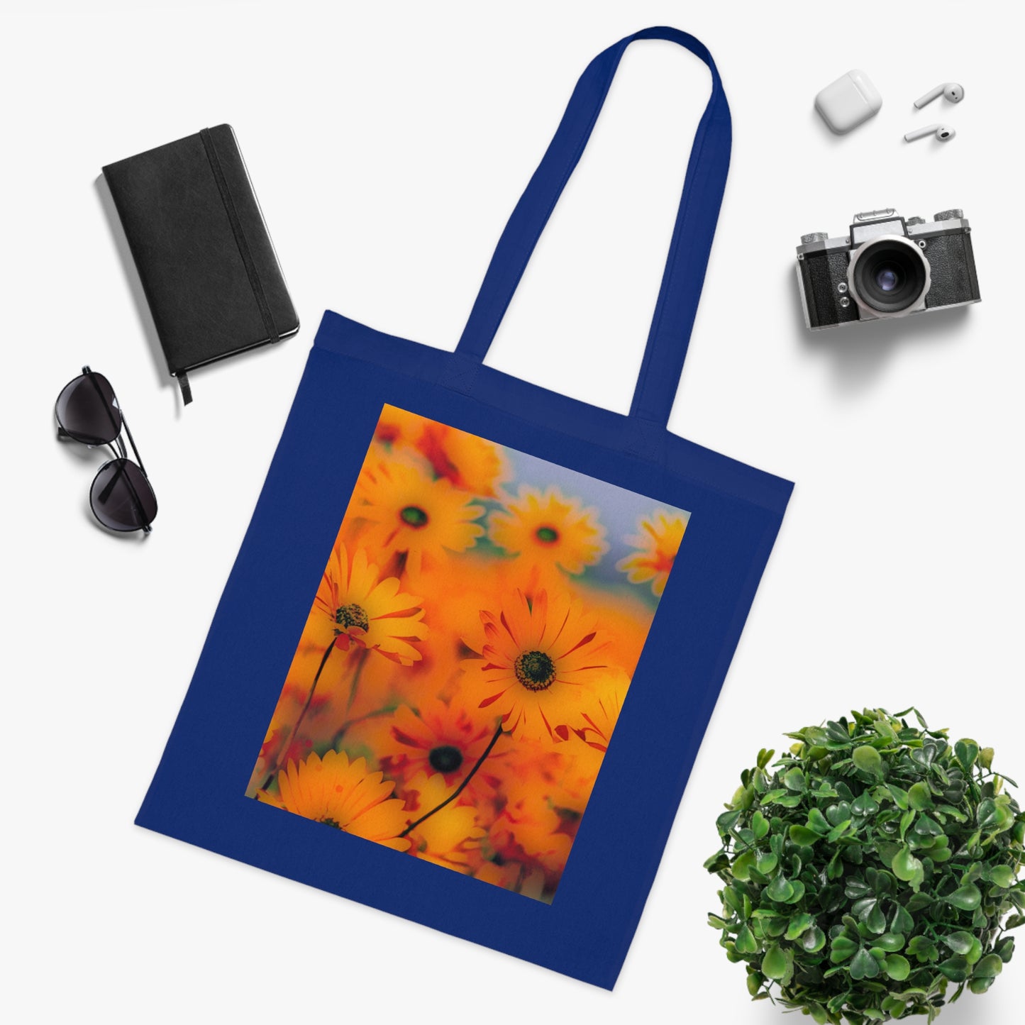 Floral Sunburst Cotton Tote — Bright Orange Daisy Print