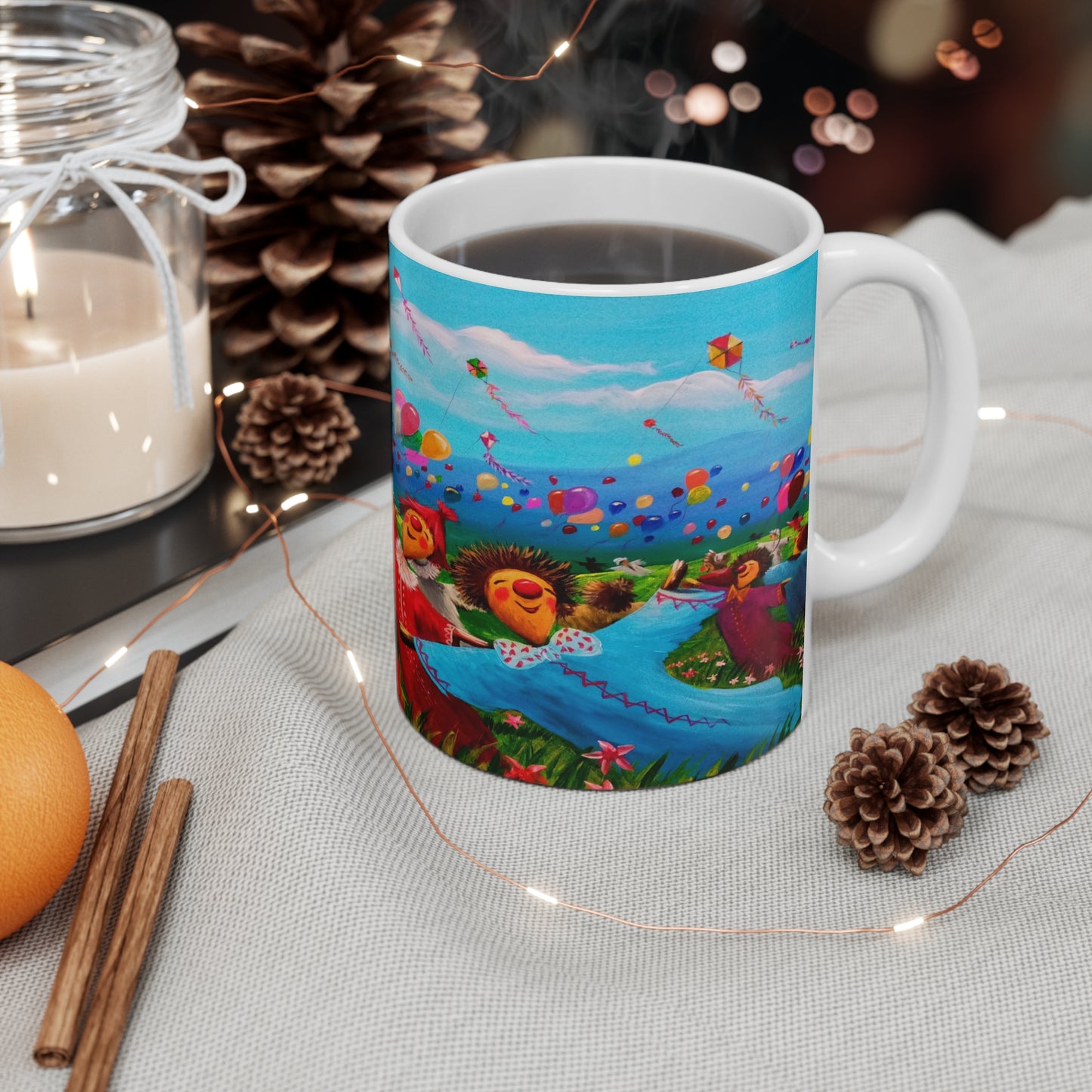 11oz Mug — Colorful Folk Art Kids Playing with Kites & Balloons Ceramic Coffee Cup