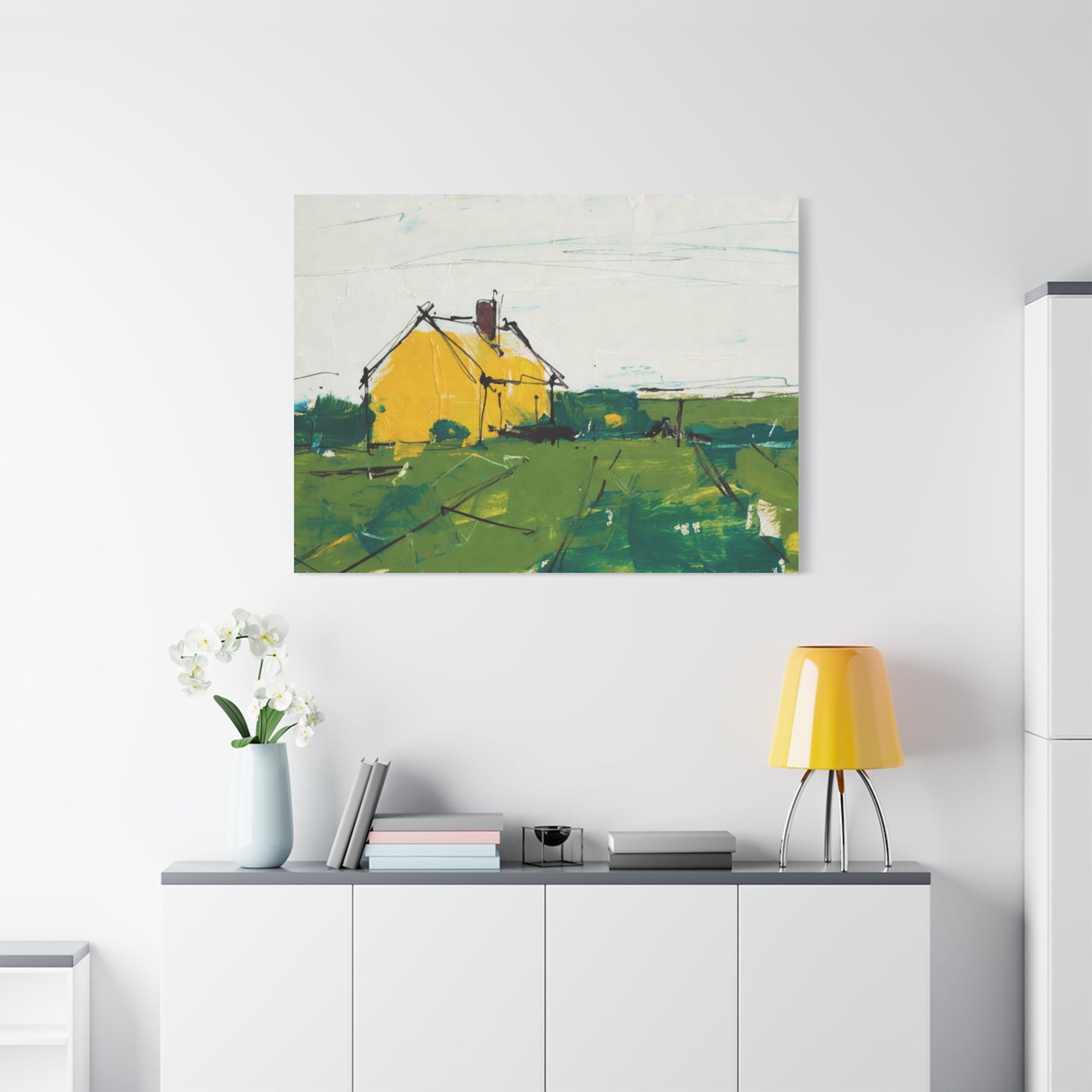 Yellow Cottage Landscape Canvas - Matte Stretched Wall Art
