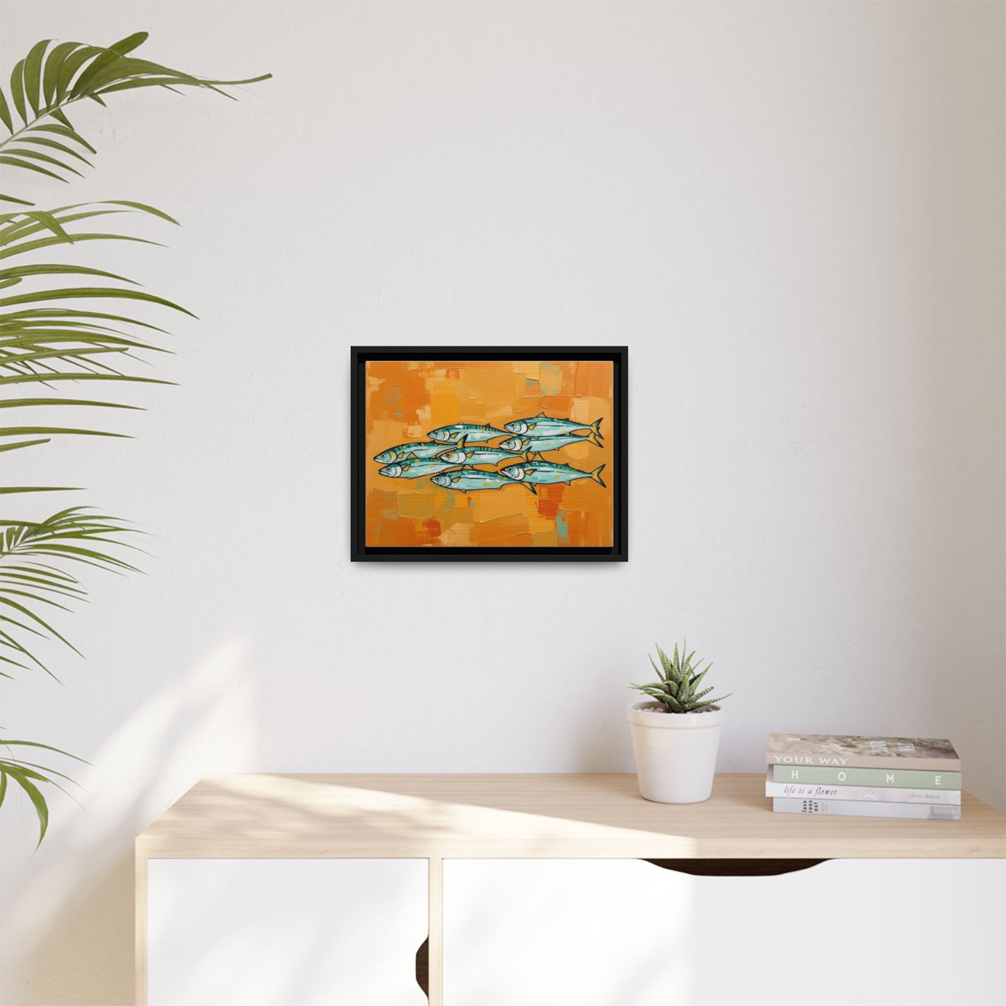 Framed Matte Canvas Print — School of Blue Fish on Orange Abstract Background
