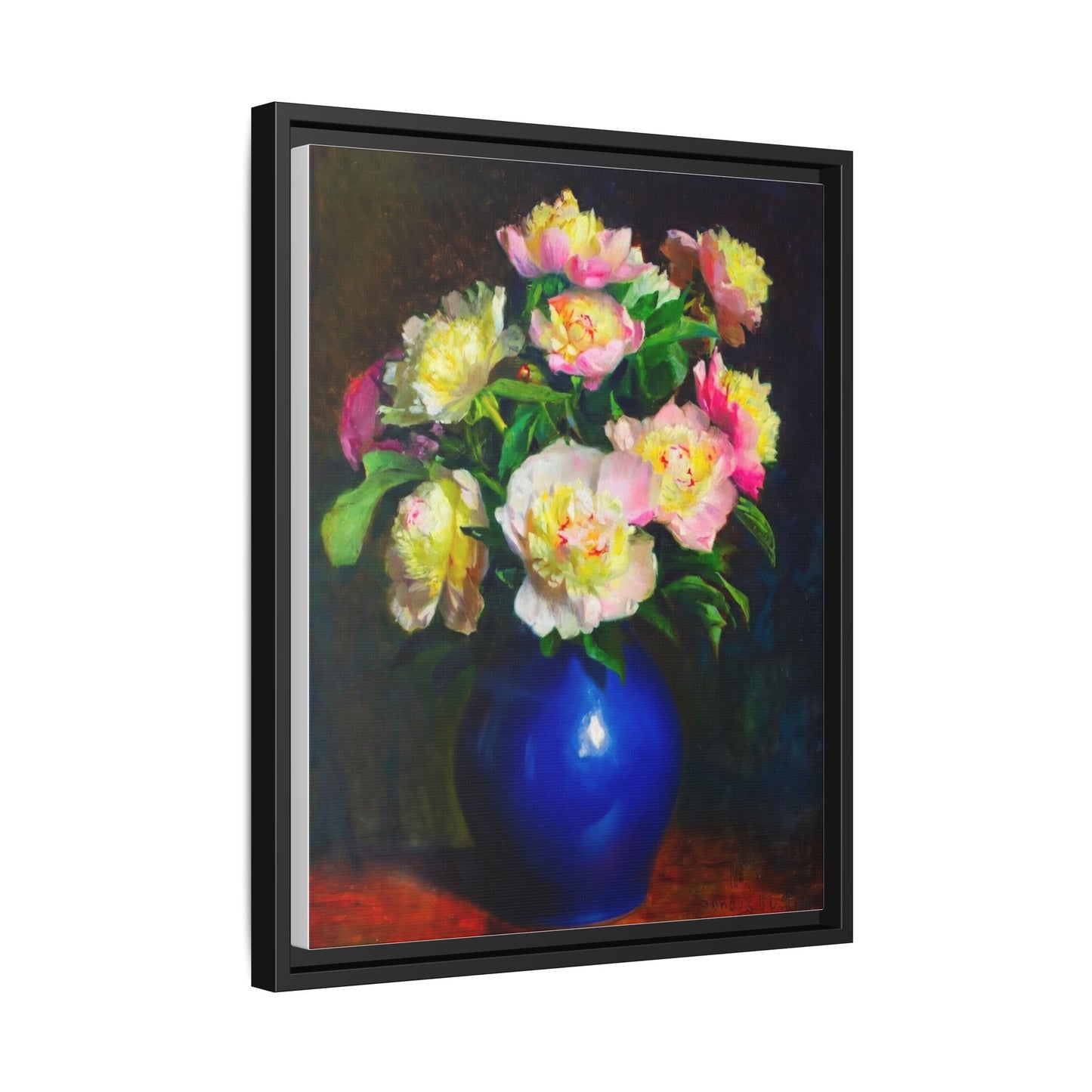 Framed Matte Canvas Wall Art — Vintage Floral Bouquet in Blue Vase