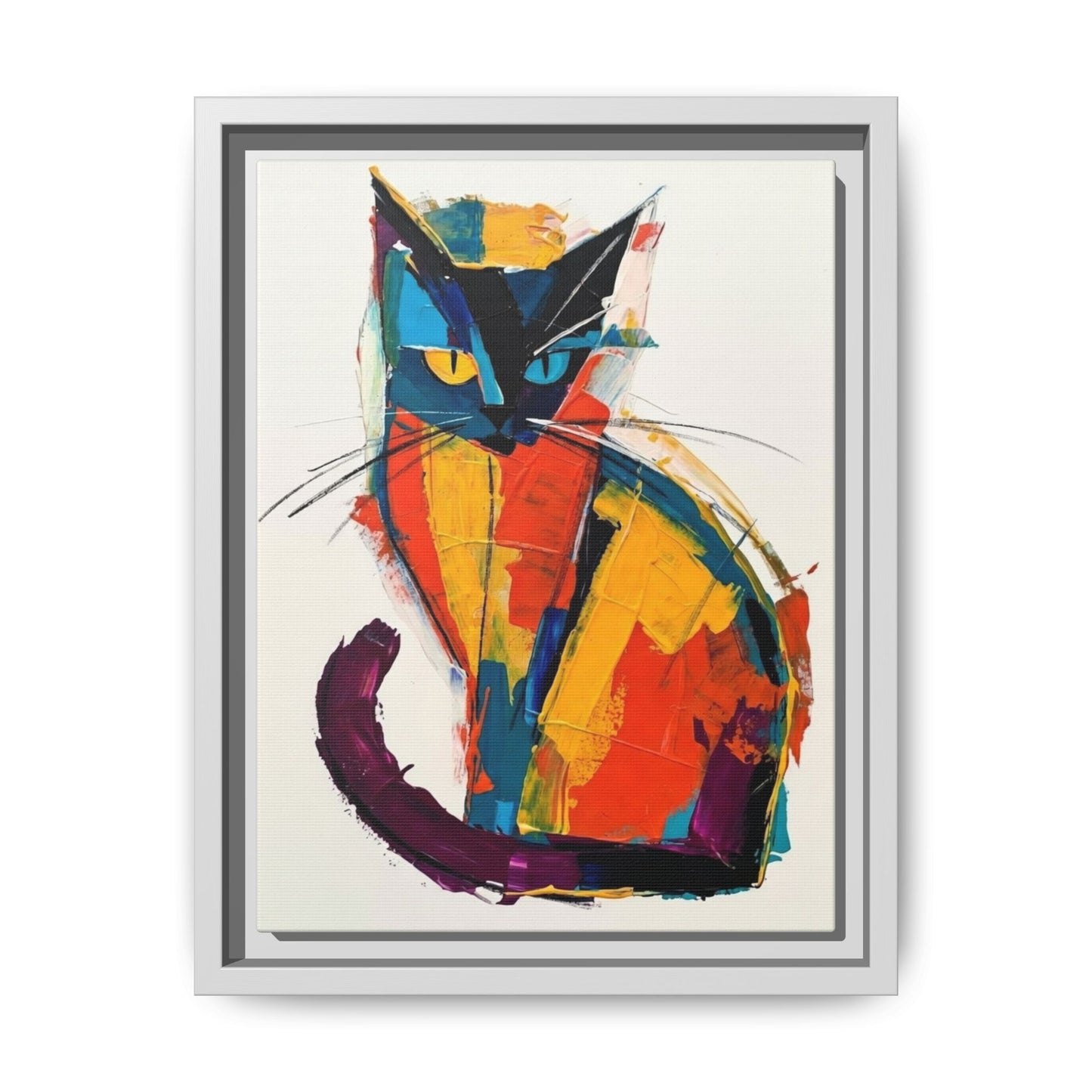 Colorful Abstract Cat Framed Canvas — Modern Matte Wall Art