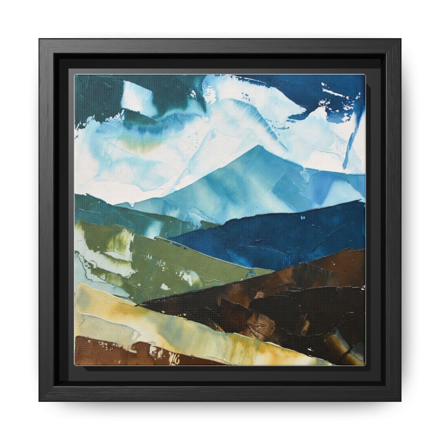 Framed Abstract Mountain Canvas Art — Blue & Earthtone Landscape Print