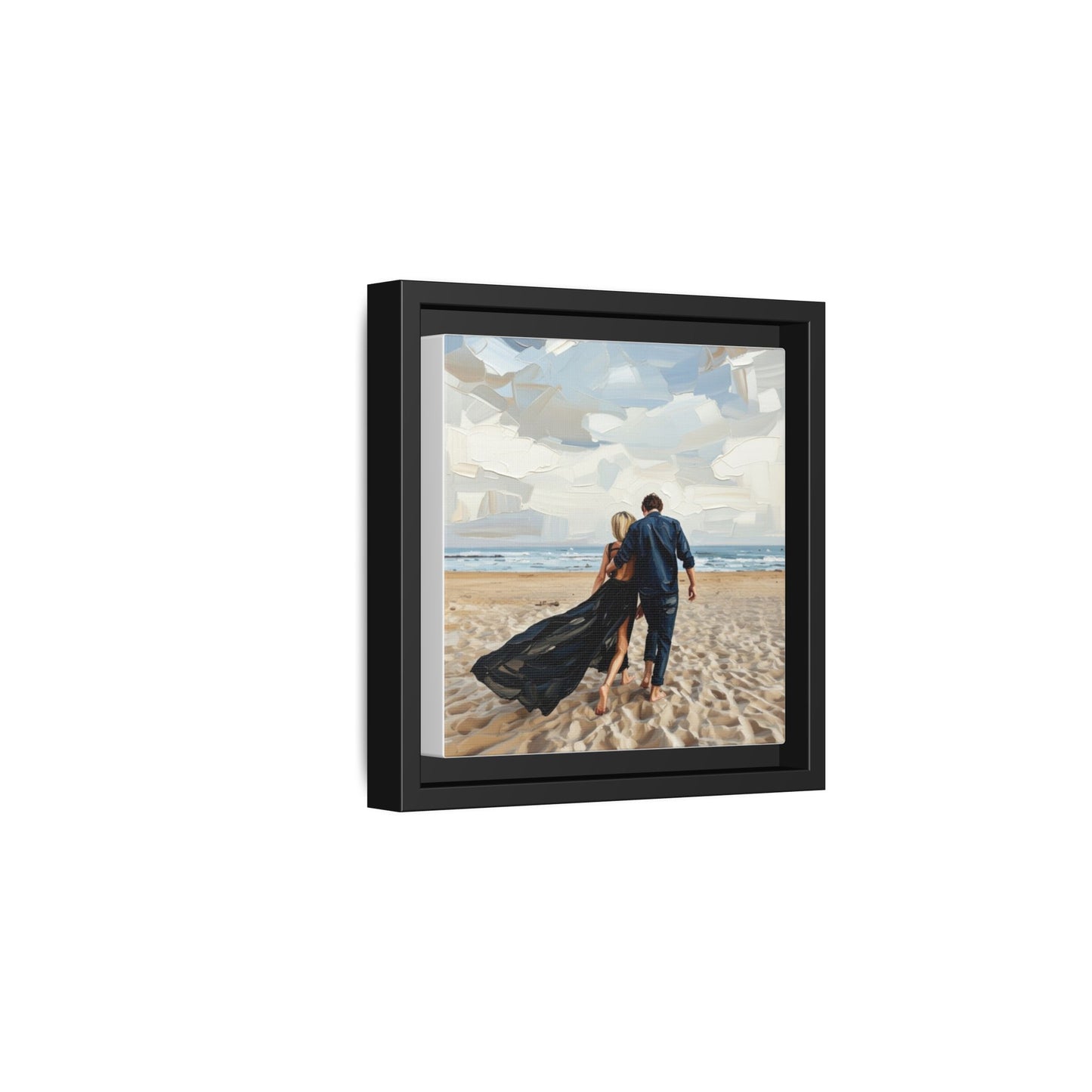 Framed Canvas Wall Art — Romantic Couple Walking on Beach Print