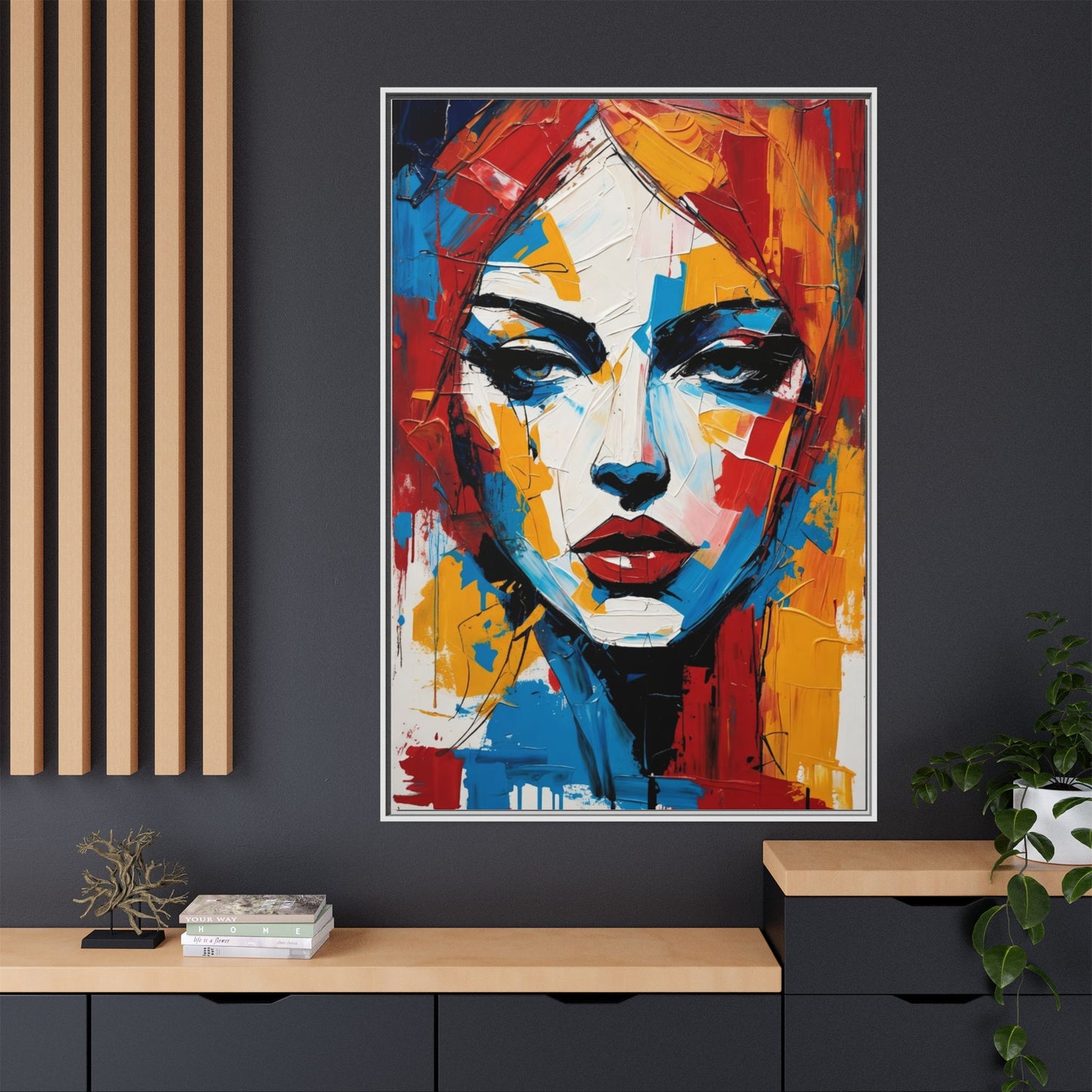 Framed Abstract Portrait Canvas — Colorful Female Face Wall Art