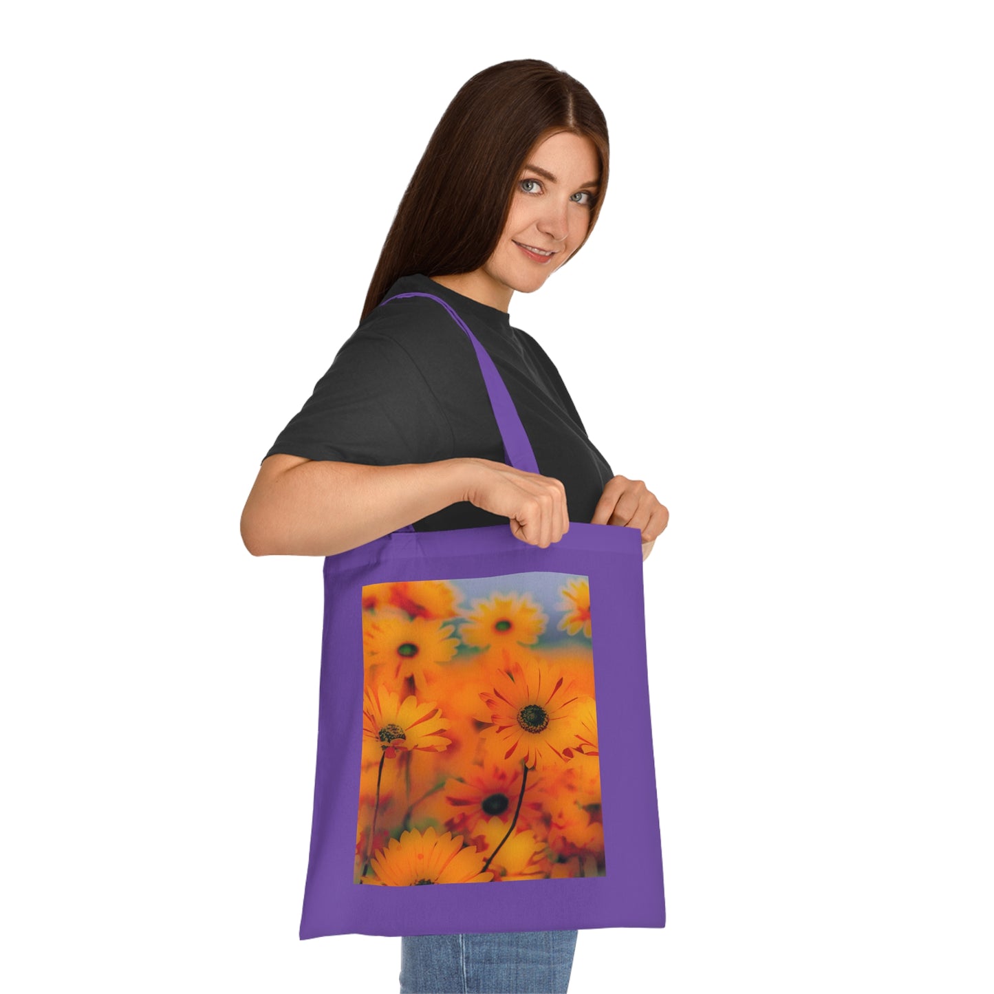 Floral Sunburst Cotton Tote — Bright Orange Daisy Print