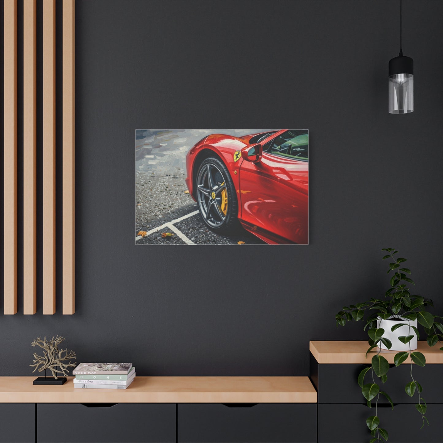 Red Sports Car Canvas Print — Ferrari Wheel Close-Up Matte Stretched Wall Art