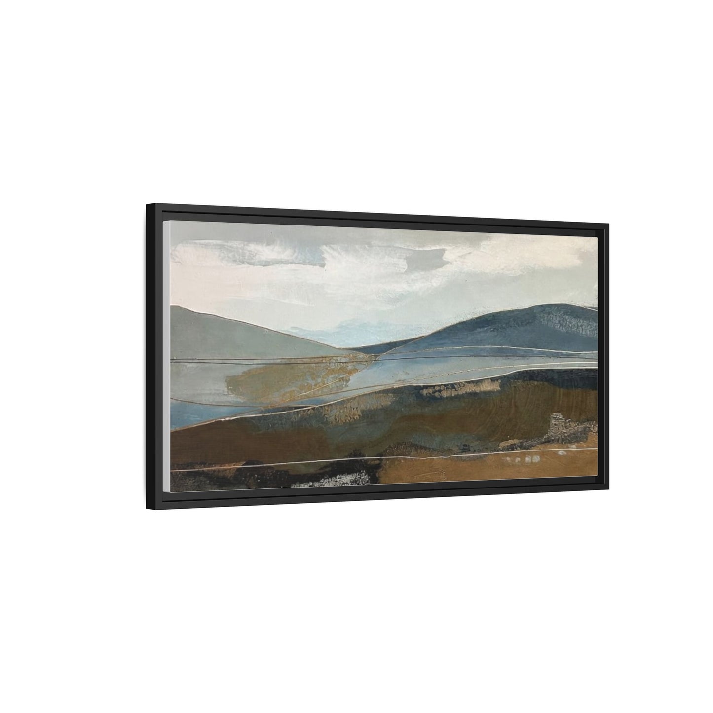 Framed Matte Canvas Landscape Art - Serene Abstract Hills in Blue & Earth Tones