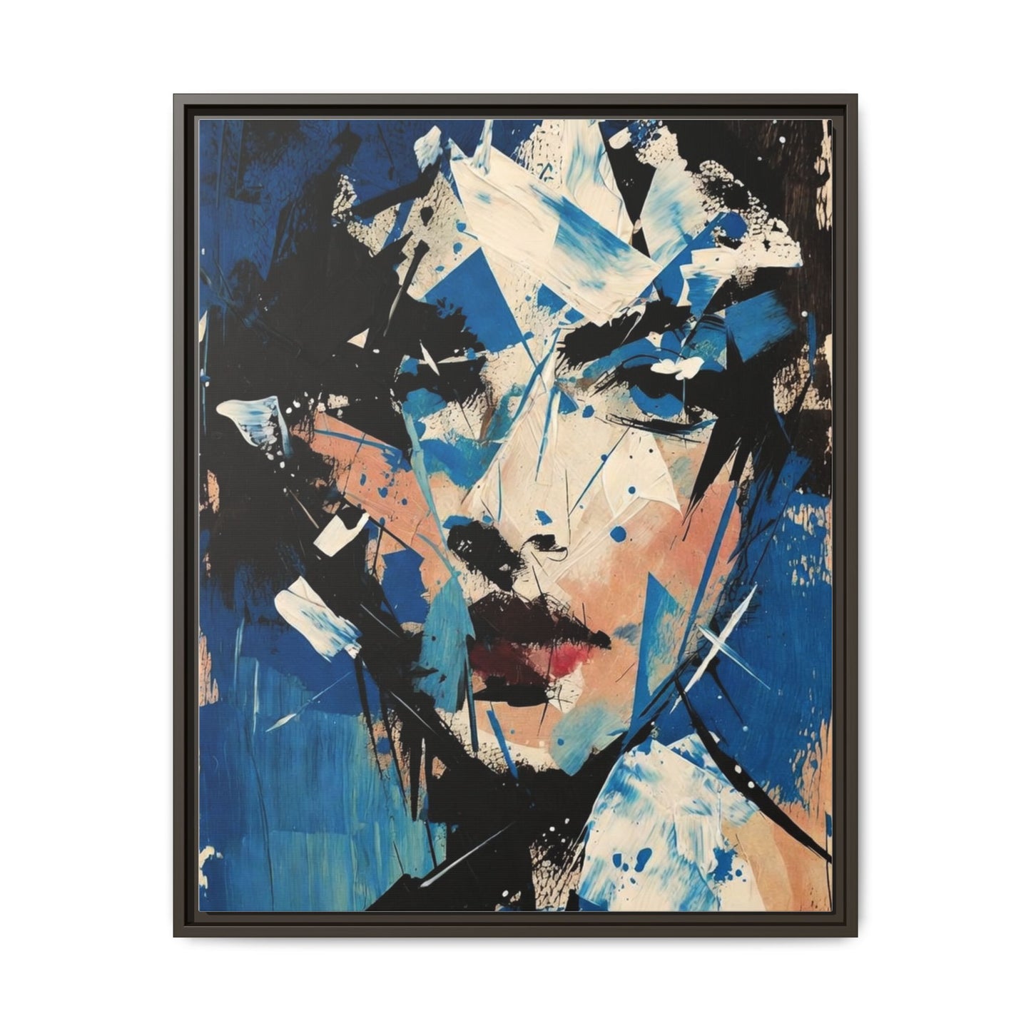 Abstract Portrait Matte Canvas Framed Wall Art — Blue Mixed-Media Face Print