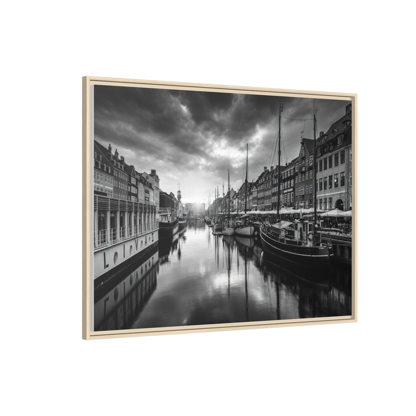 Framed Matte Canvas: Black & White Dutch Canal Photography Wall Art