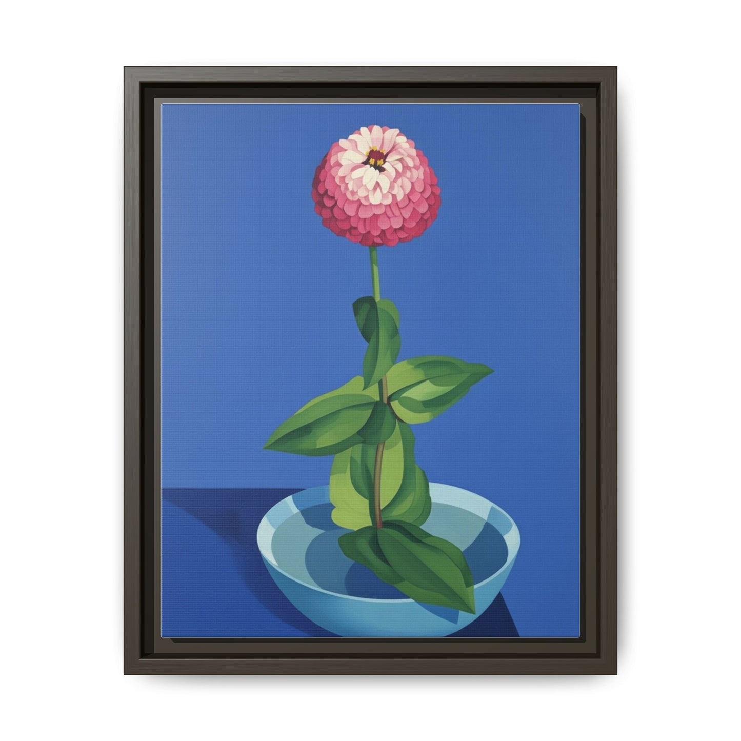 Framed Matte Canvas Art — Pink Zinnia in Blue Bowl (Botanical Still Life)