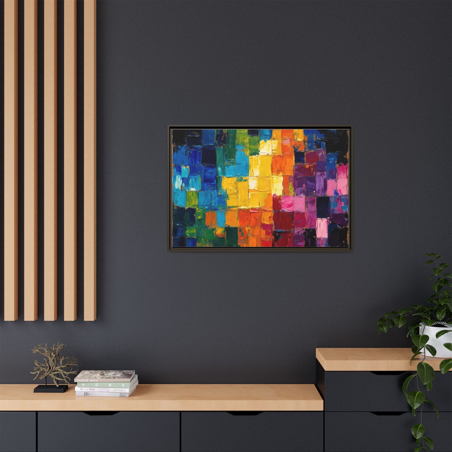Abstract Rainbow Mosaic Framed Canvas Print — Colorful Modern Wall Art