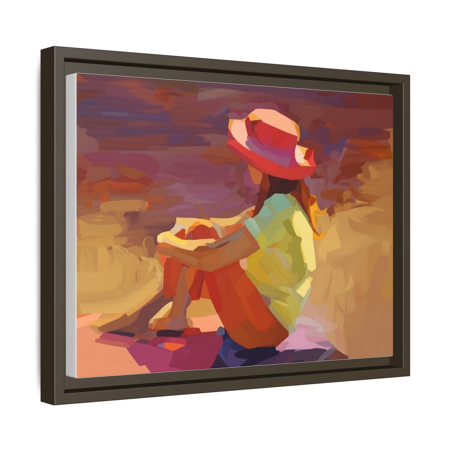 Framed Matte Canvas — Colorful Seated Girl Beach Art