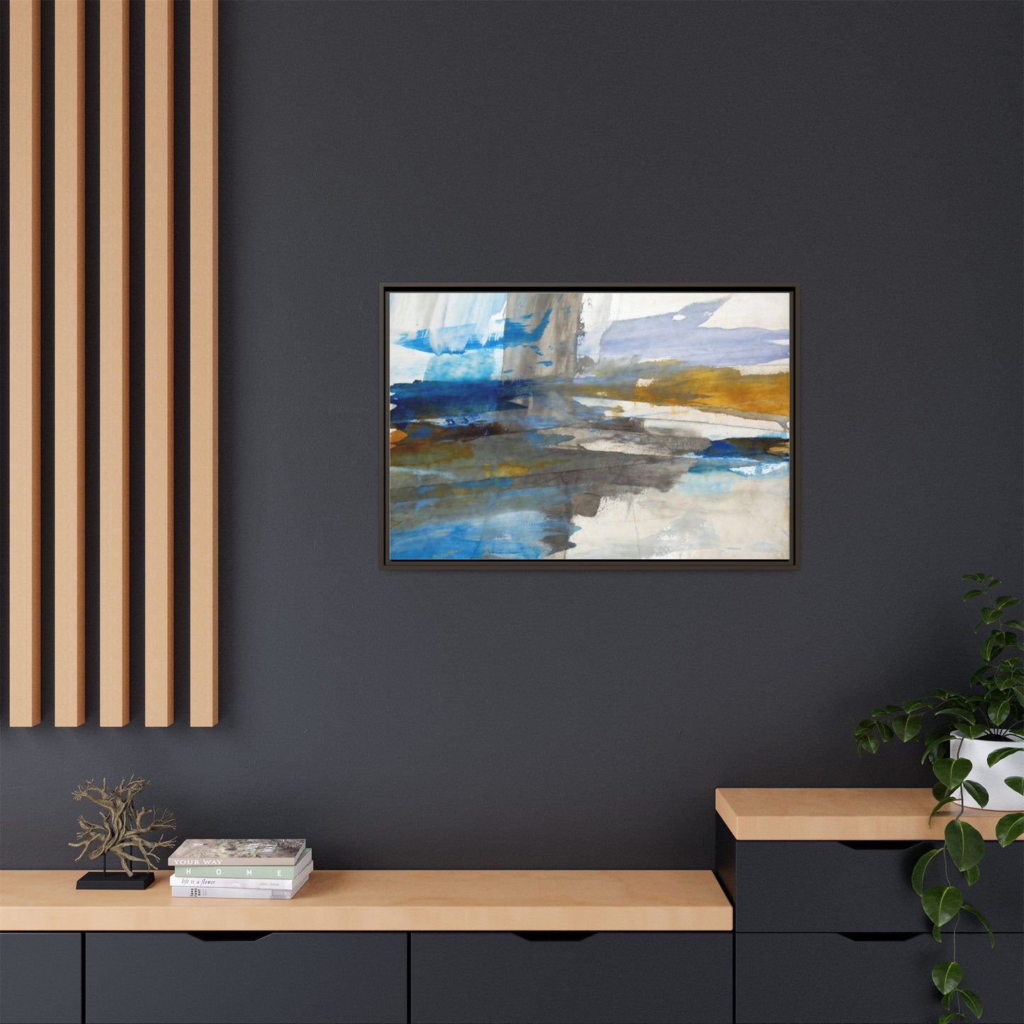 Abstract Blue & Gold Framed Canvas Art — Matte Multi-Color Wall Print