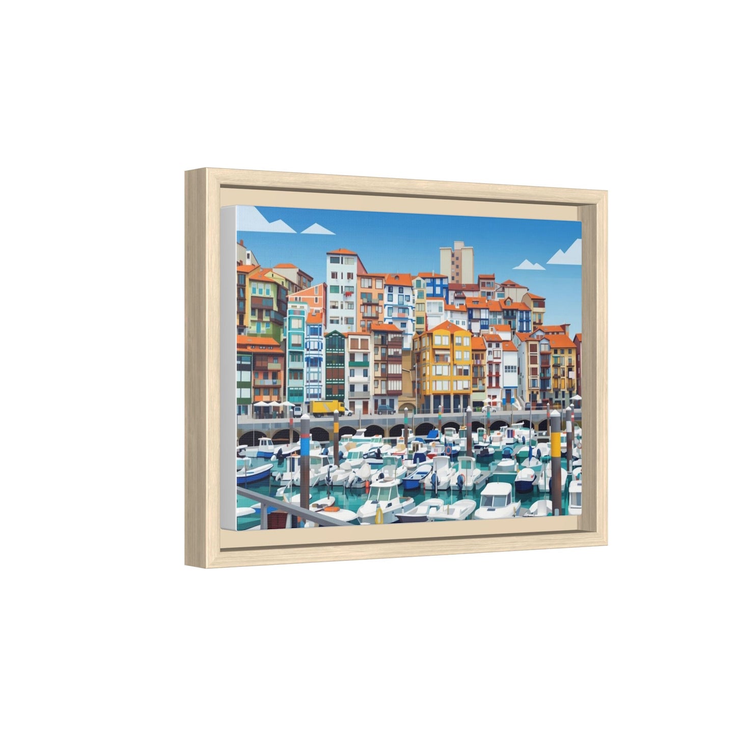Framed Matte Canvas Print — Colorful Mediterranean Harbor Illustration