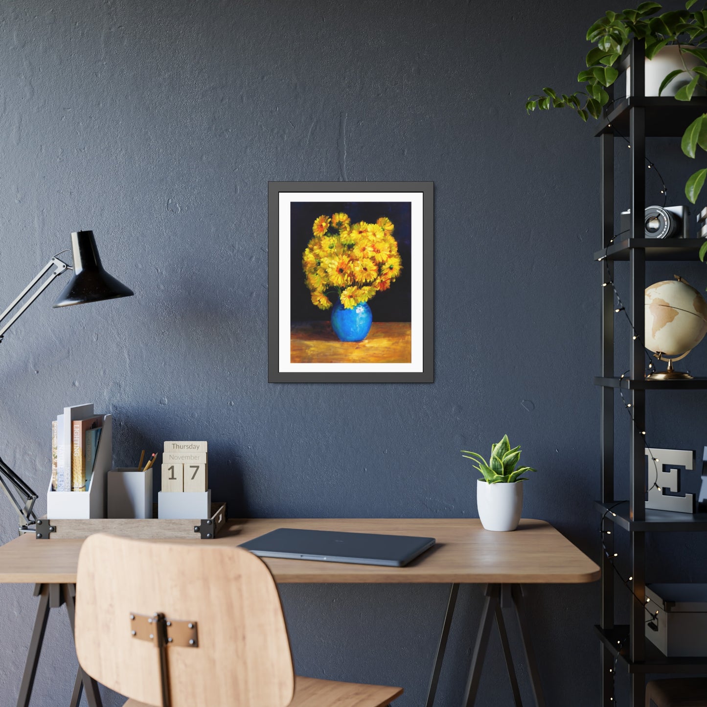 Framed Art Print — Yellow Daisy Bouquet in Blue Vase
