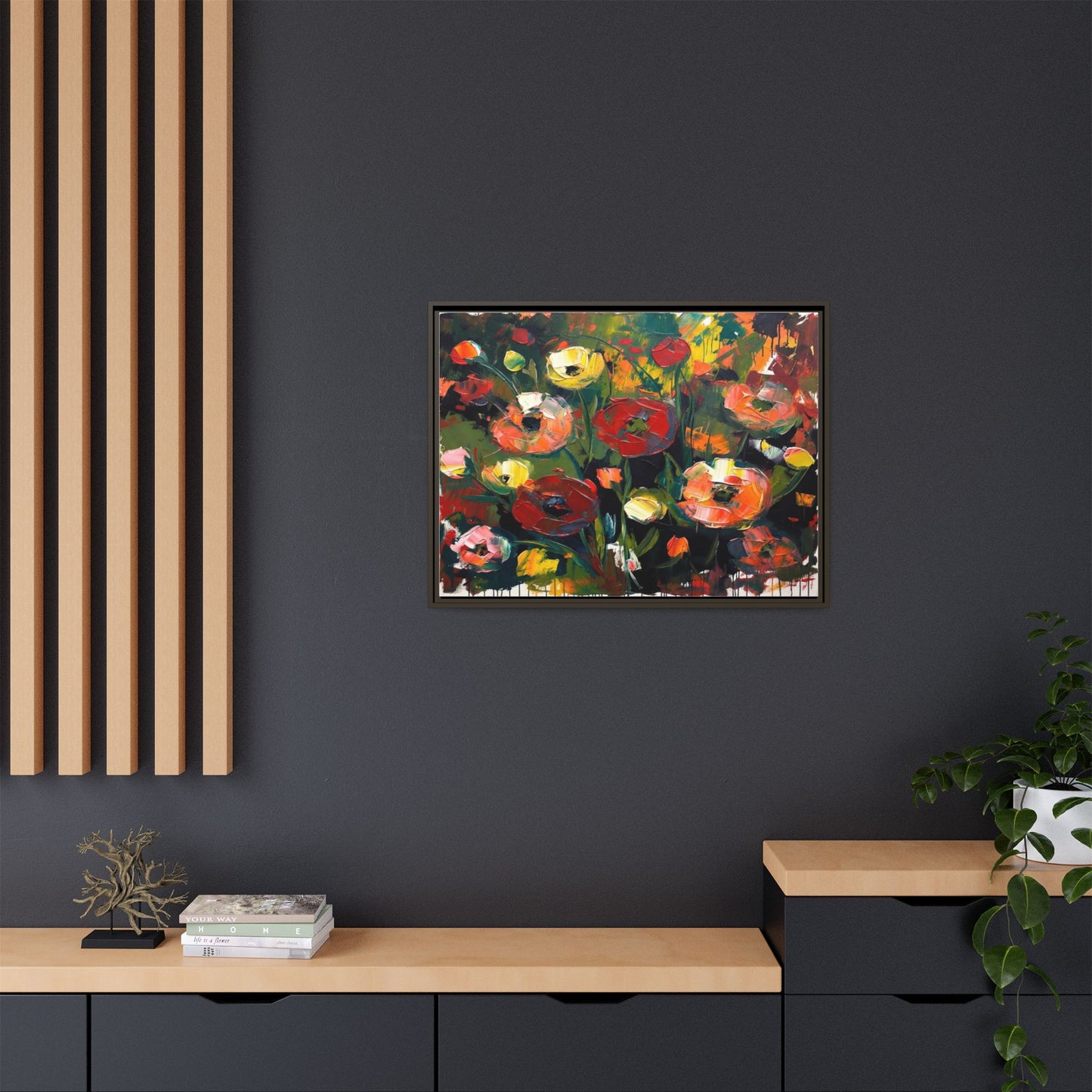 Framed Floral Canvas Print — Vibrant Abstract Poppies Wall Art
