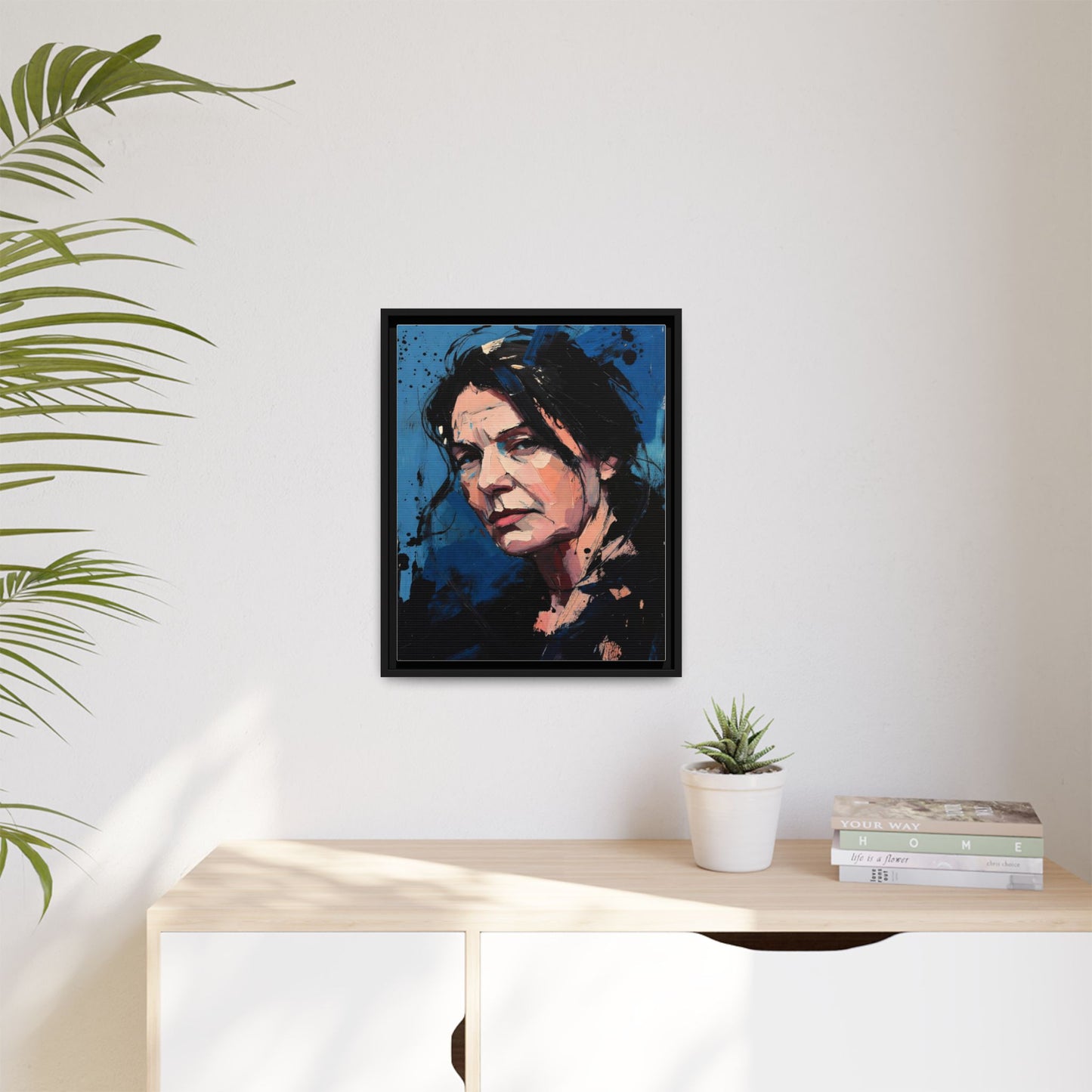 Framed Matte Canvas Portrait — Expressive Blue Painterly Woman Art