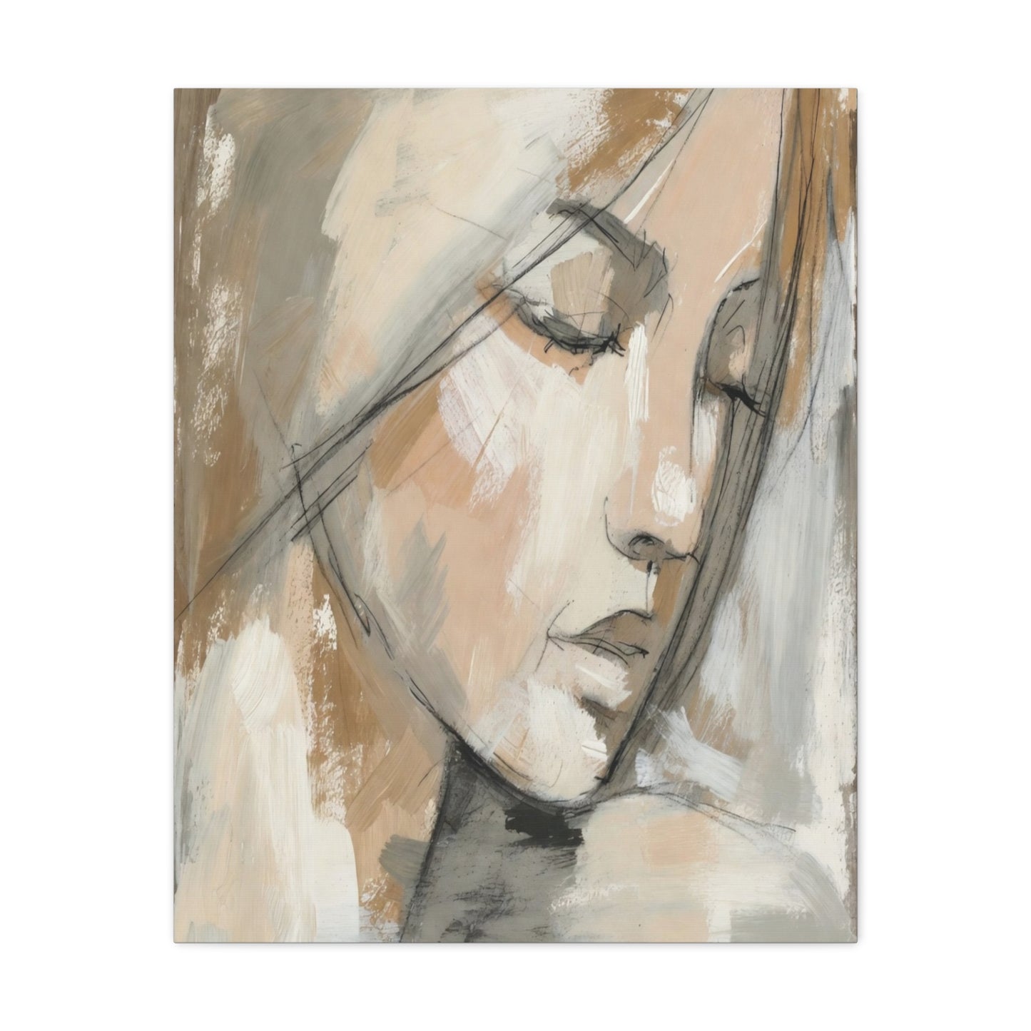 Serene Woman Portrait Matte Canvas Wall Art — Neutral Abstract Face Painting