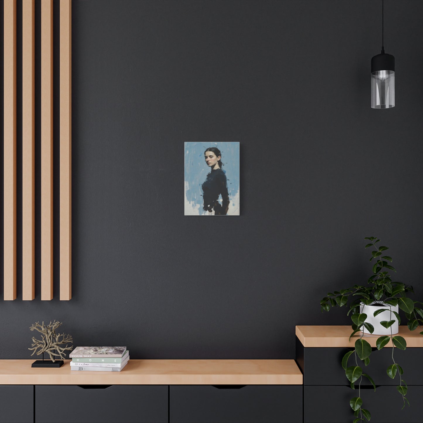 Matte Stretched Canvas Print — Portrait of a Young Woman, Moody Blue Figurative Art