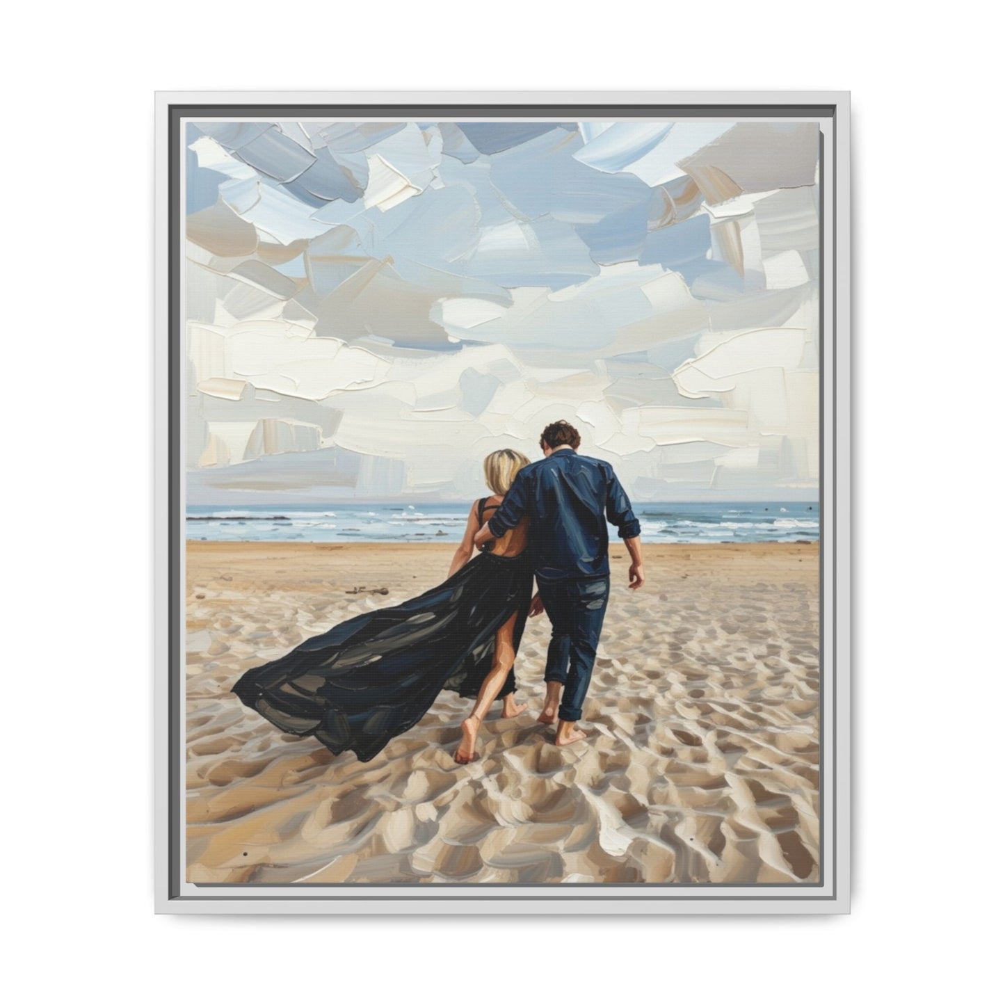 Framed Canvas Wall Art — Romantic Couple Walking on Beach Print