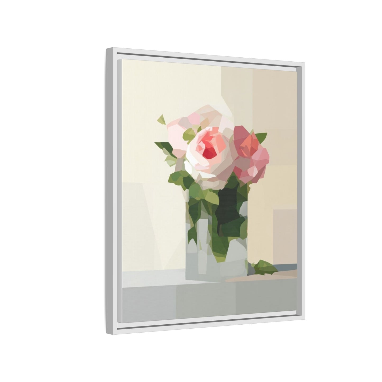 Framed Floral Canvas Print — Geometric Pink Rose Wall Art