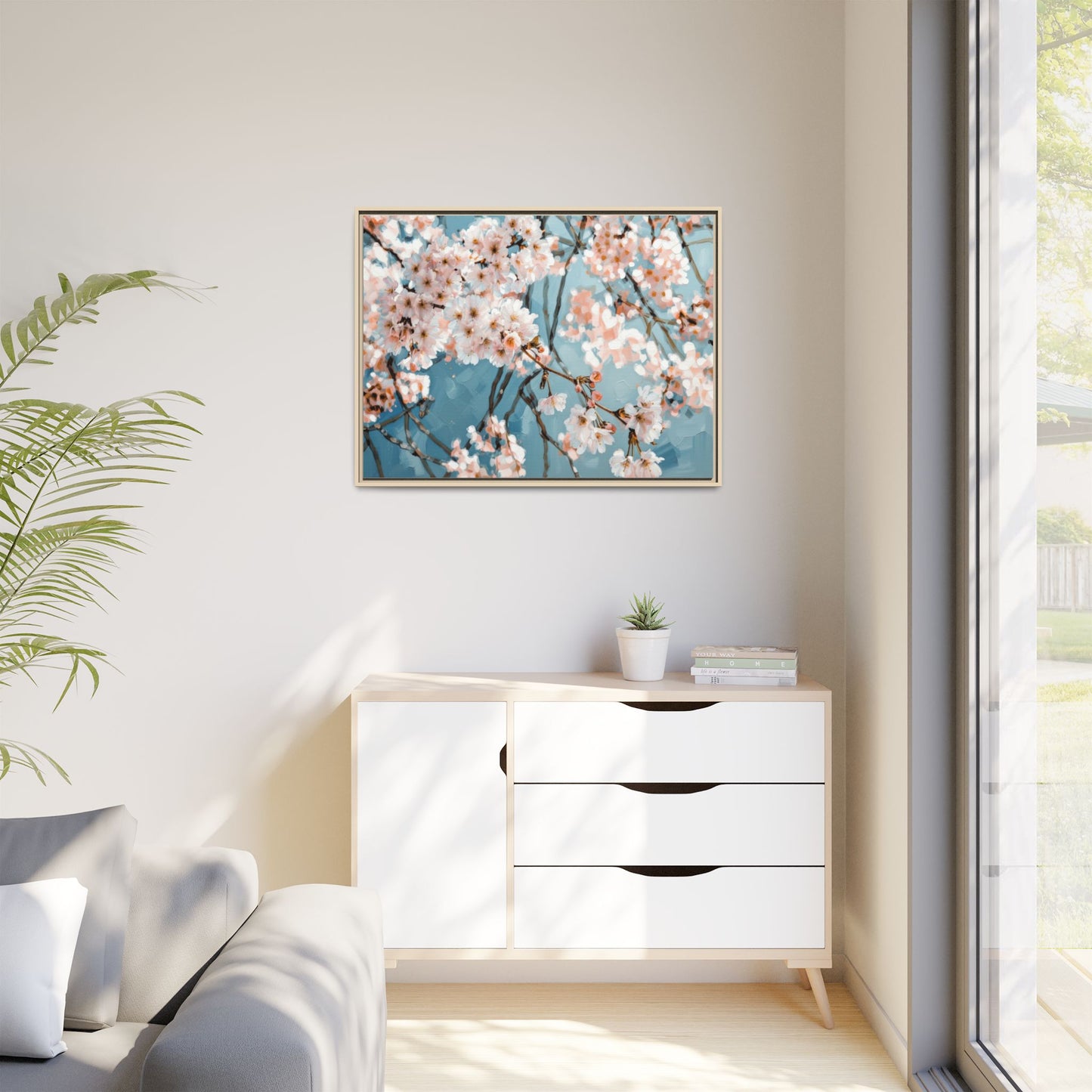 Framed Cherry Blossom Matte Canvas Print — Soft Pink Floral Wall Art