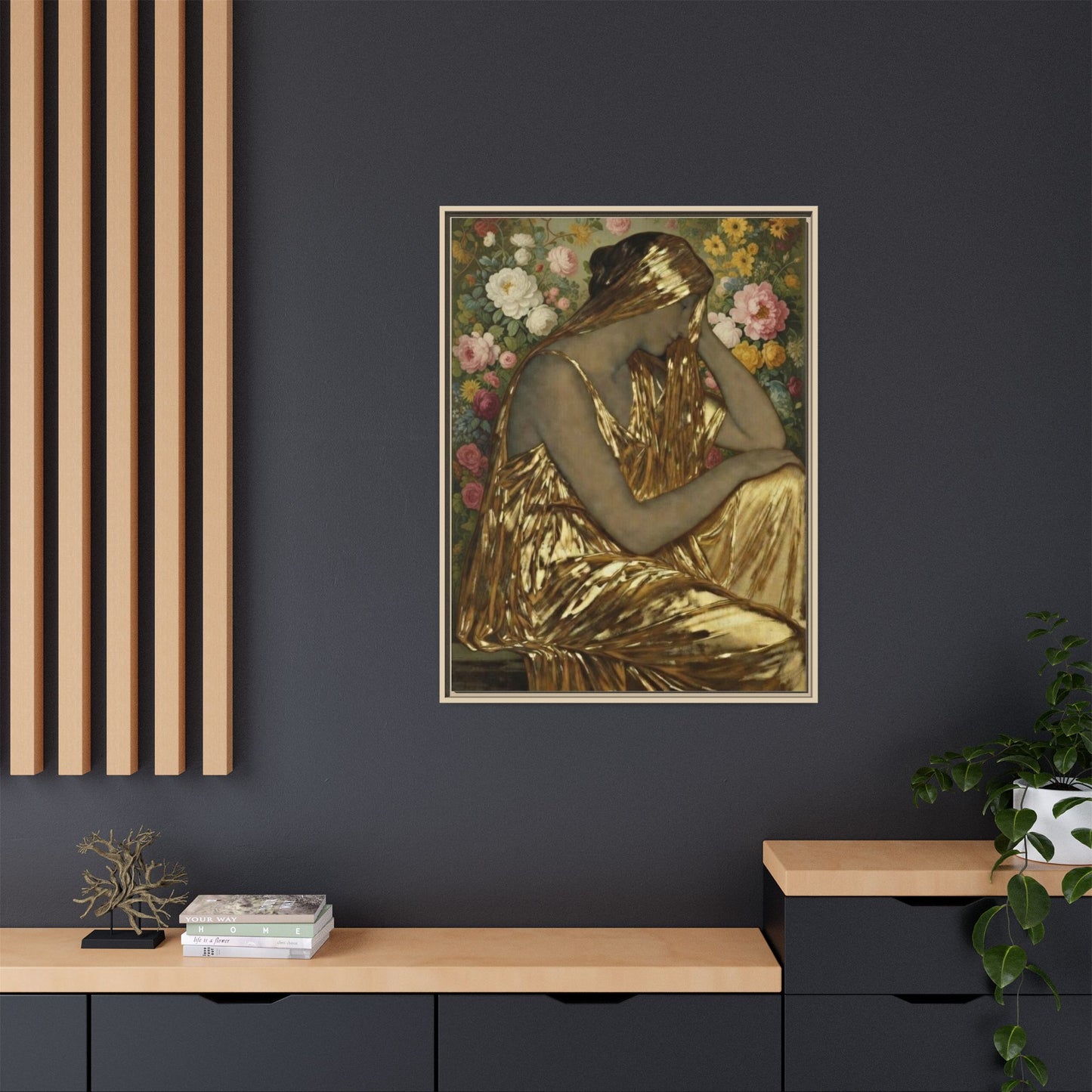 Framed Canvas Art Print — Golden Muse Woman with Floral Background